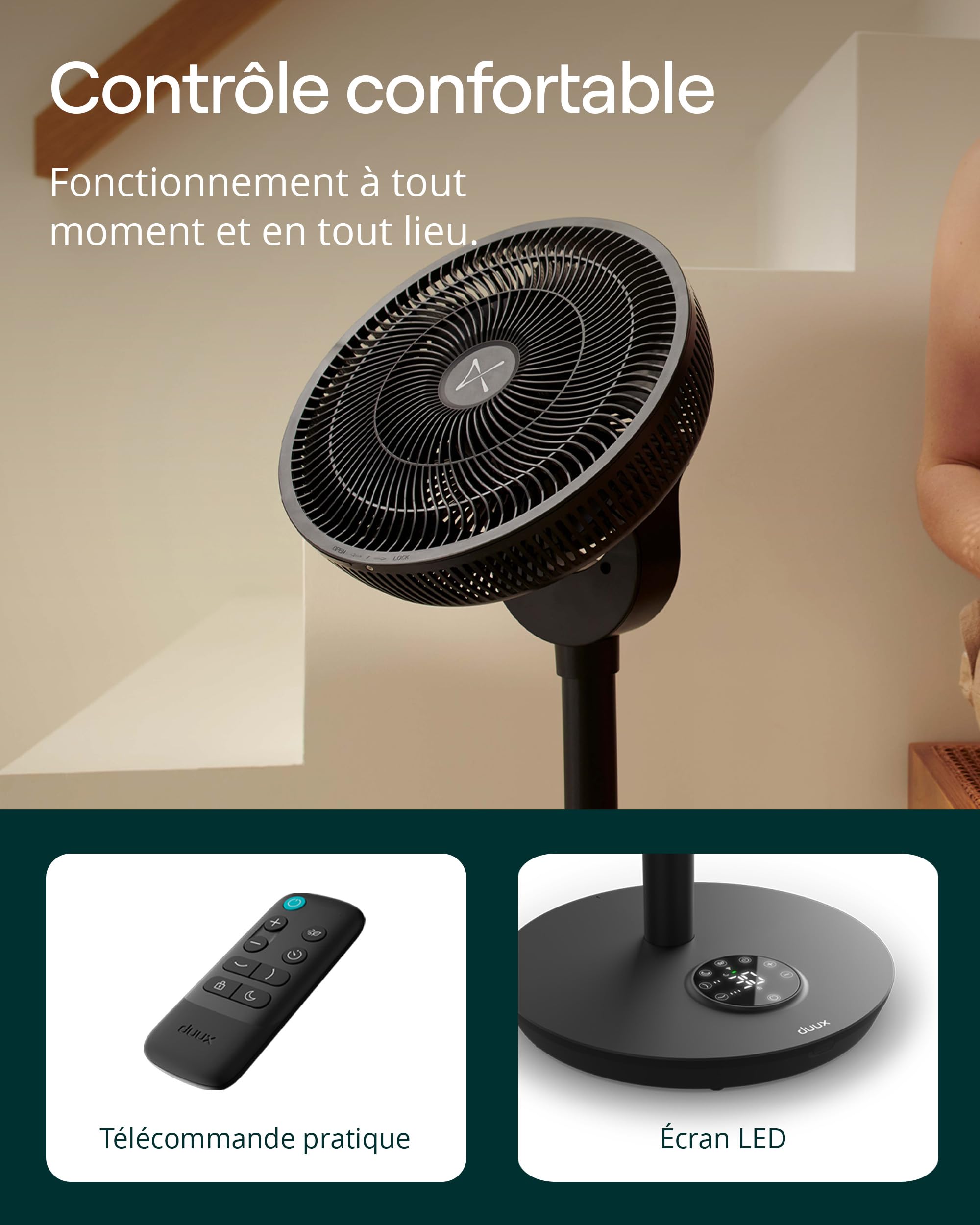 Duux Whisper Flex 2 ventilateur – ultra-silencieux 13dB – mode nuit & minuterie – hauteur réglable (54 à 92 cm) – économe en énergie dès 2W – commande via ventilateur & télécommande – Noir