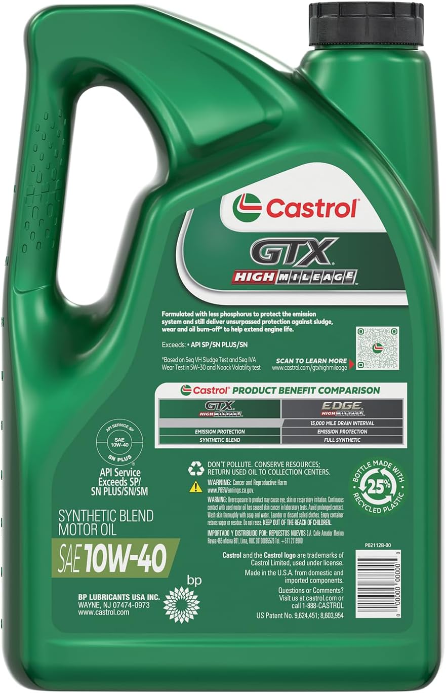Castrol GTX High Mileage 10W-40 Synthetic Blend Motor Oil, 5 Quarts 4 71Q3h544hzL. AC SL1500