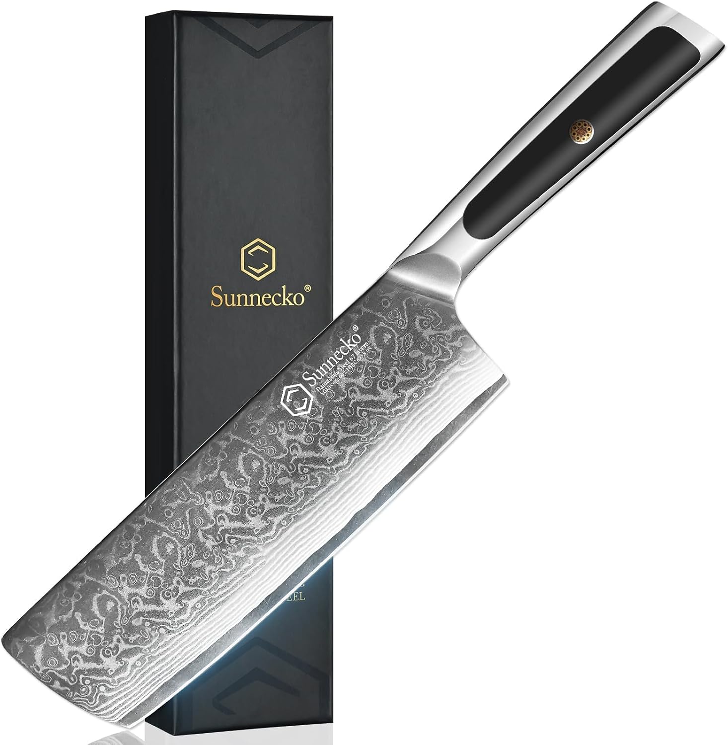 Sunnecko 7 Inch Nakiri Knife Damascus Knife - Kitchen Knife Sharp Knife Made of Damascus Steel Asian Multi-Purpose Chef's Knife for Home and Kitchen with Ergonomic Handle