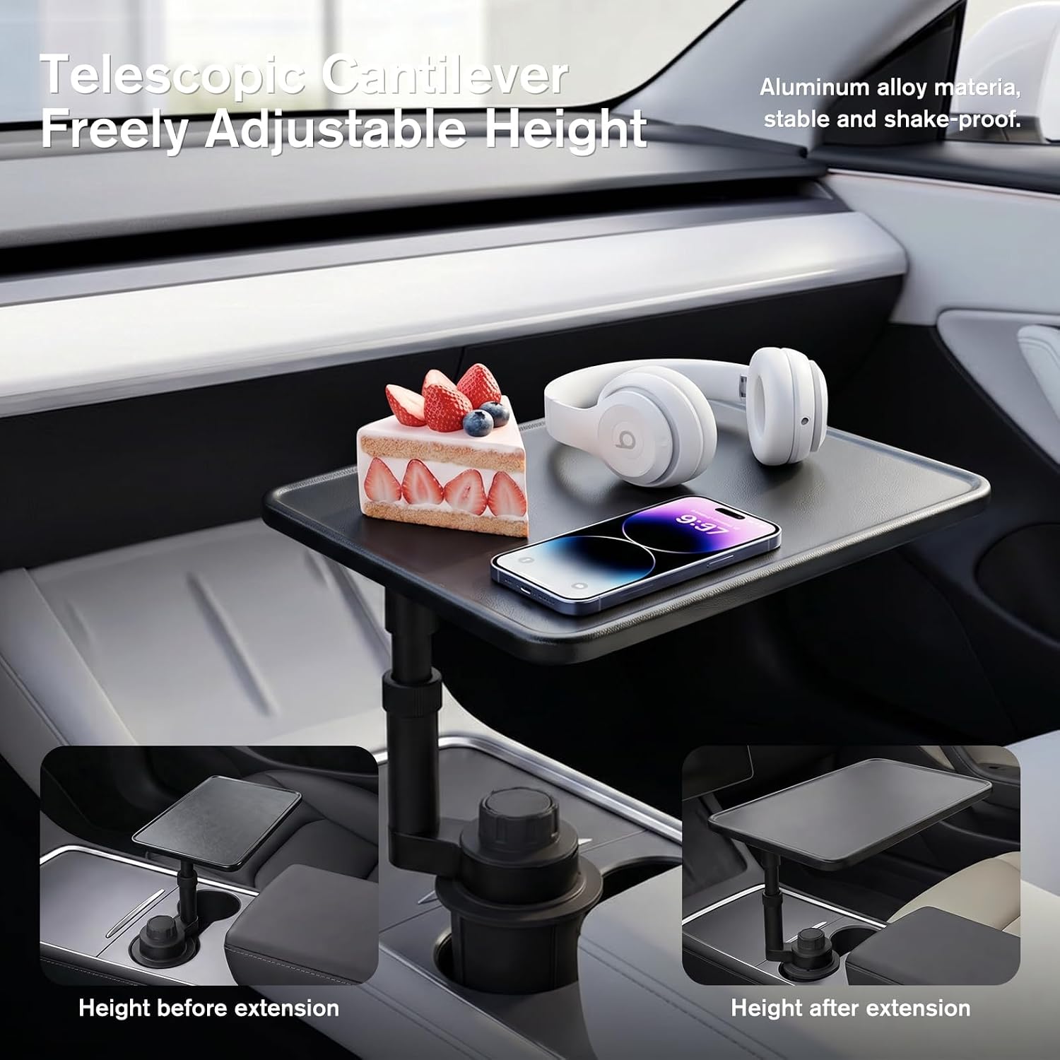 car cup holder tray, Car Desk for Laptop，Car Tray with 360° Rotating Cup Holder,Adjustable Height, Black leather texture color Compatible with Tesla Model 3/Y/S, Ford，Toyota Sienna/Most Vehicles | Car Desk for Laptop, Car iPad desk, car dining table