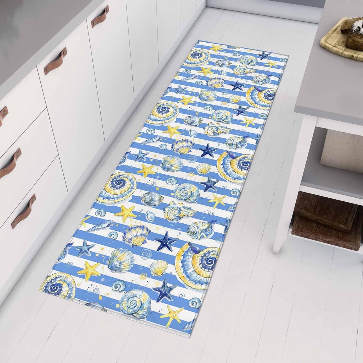 Teamery Kitchen Mats for Floor Summer Sea Conch Starfish Washable Non Slip Kitchen Rugs 1PCS, Blue White Striped Background Absorbent Standing Mats for Sink Bathroom Office Living Room 23.6x70.9in