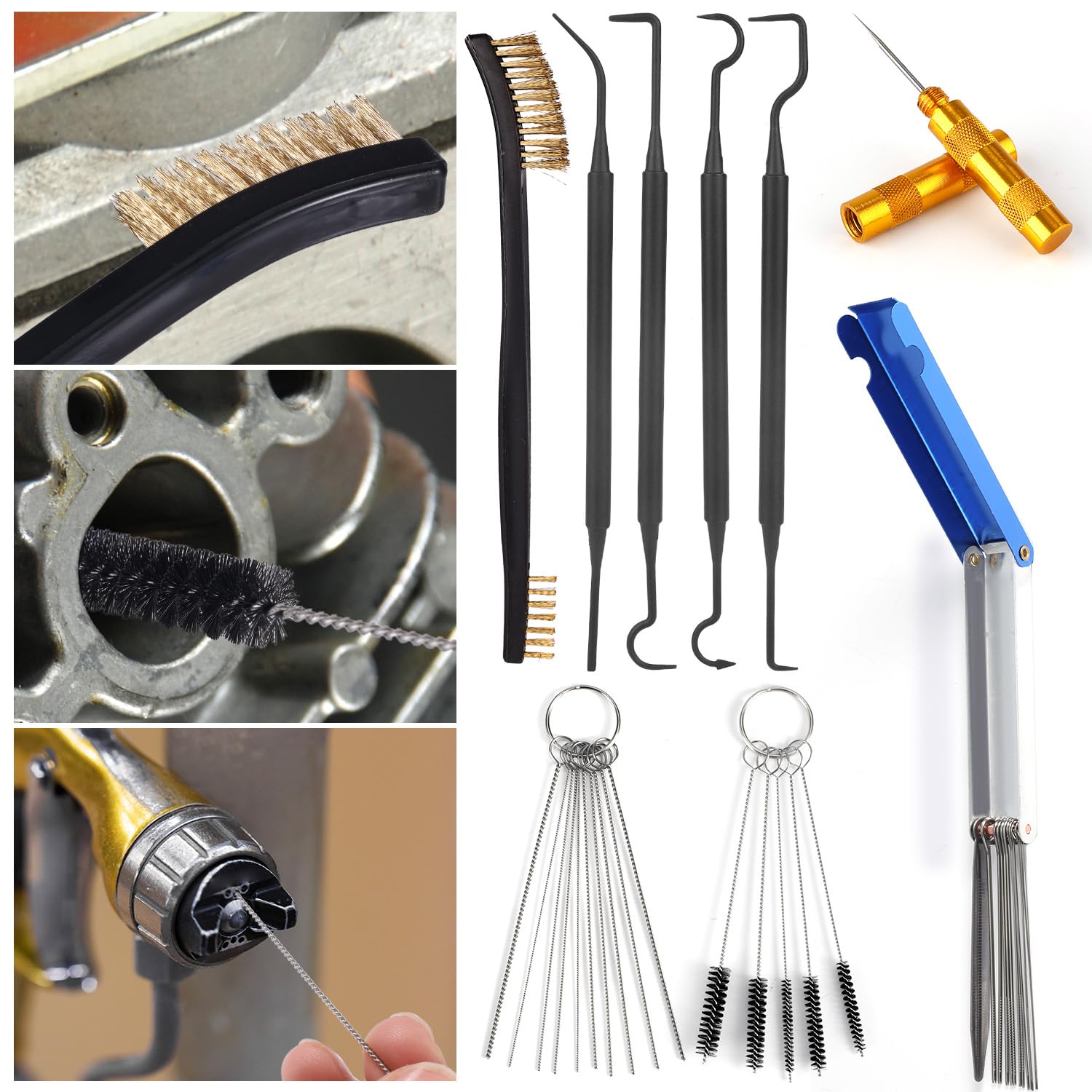 Carburetor Carb Cleaning Kit, Include 1 Double-Headed Brush,5 Nylon Brushes,1 Sharp Pick,13 Pcs Clean Wires,10 Cleaning Needles,4 Cleaner Hooks for Engine Jet Torch Tip ATV Motorcycle Welder — view 5