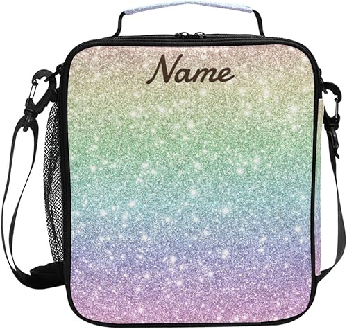 Lonchera personalizada con estampado de purpurina de arcoíris brillante con nombre personalizado, bolsa de almuerzo aislada personalizada, bolsa de