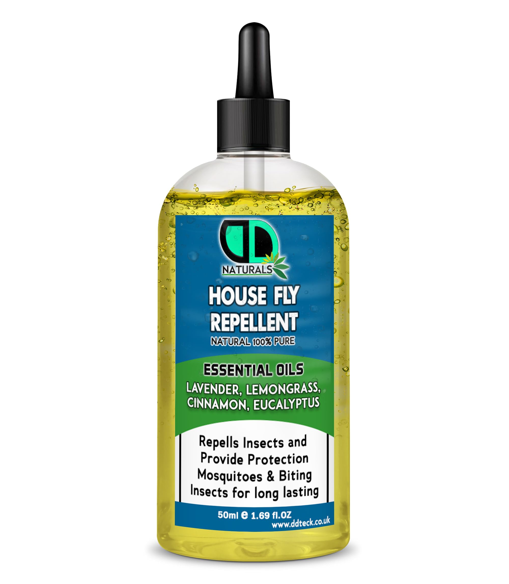DD Teck House Fly Insect Repellent Essential Oil Spray | Lavender, Lemongrass, Cinnamon & Eucalyptus | Lemon Scented, High-Efficiency Pest Control |Pet Safe, Home & Garden Use (50ml Clear Dropper)