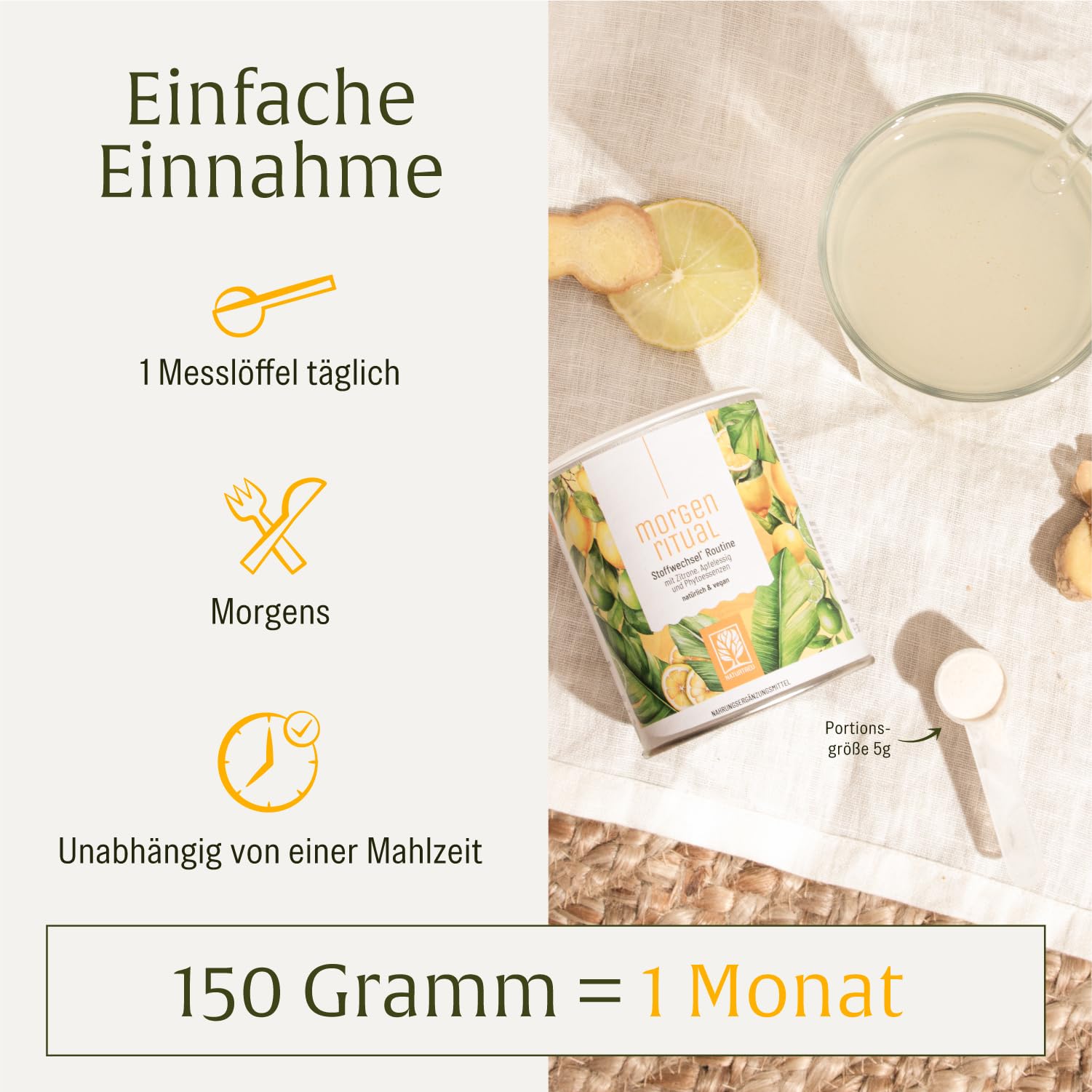 NATURTREU® 150 g Getränkepulver mit Zitrone, Apfelessig & Ingwer – Mit Vitamin C – Fruchtiger Drink für deine Morgenroutine – Vegan & ohne zugesetzten Zucker