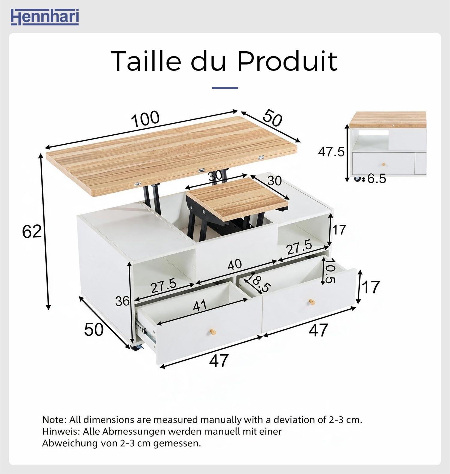 Table Basse Relevable Hydraulique Pliante, 4 Tiroirs et Rangements, sur roulettes, Transformable pour Repas et Travail, Idéale pour Salon Petit Espace (Bois Naturel)