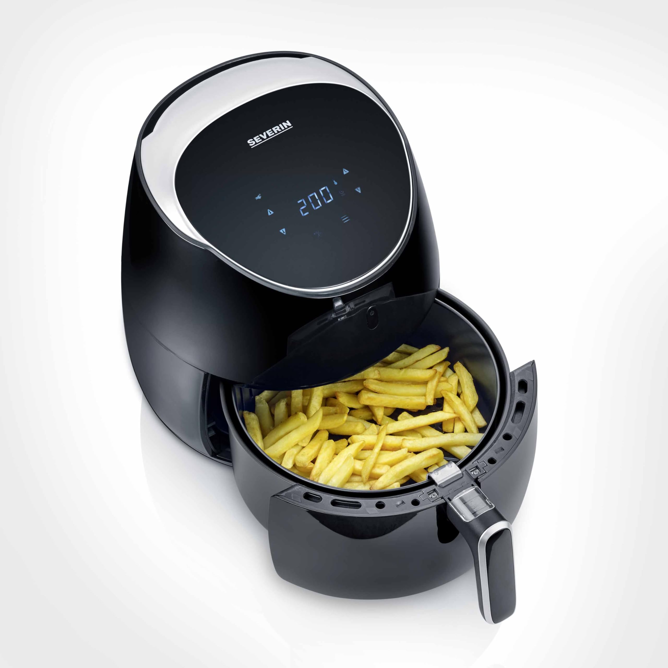 SEVERIN Heißluftfritteuse XXL mit 5 Liter Fassungsvermögen, Airfryer für gesundes Kochen, Fritteuse ohne Fett mit 8 Automatikprogrammen, 2000 W, schwarz/silber-metallic, FR 2445