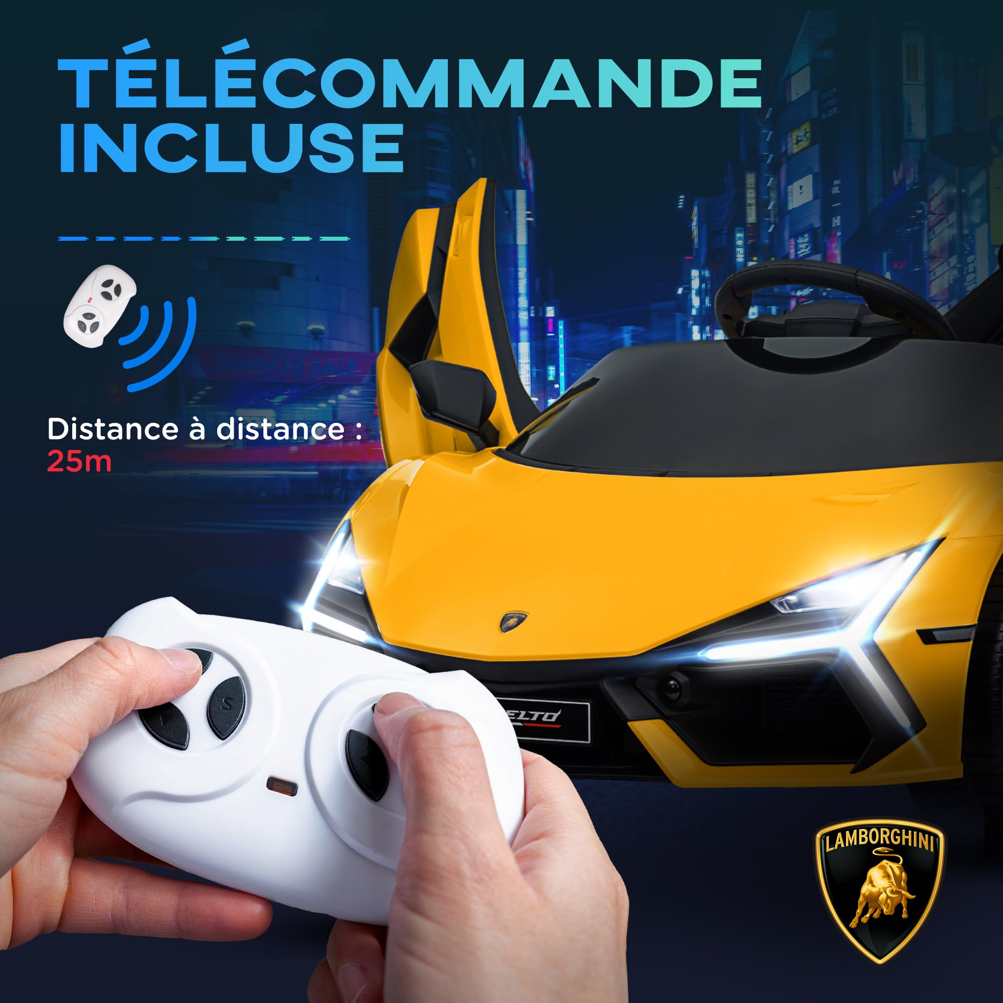 AIYAPLAY Voiture électrique Enfants sous Licence Lamborghini Revue Jaune | Véhicule Électrique 12V, Portes Papillon, Télécommande 2,4G, Suspension, Phares, Musique, Klaxon, pour Enfants 3 à 5 Ans