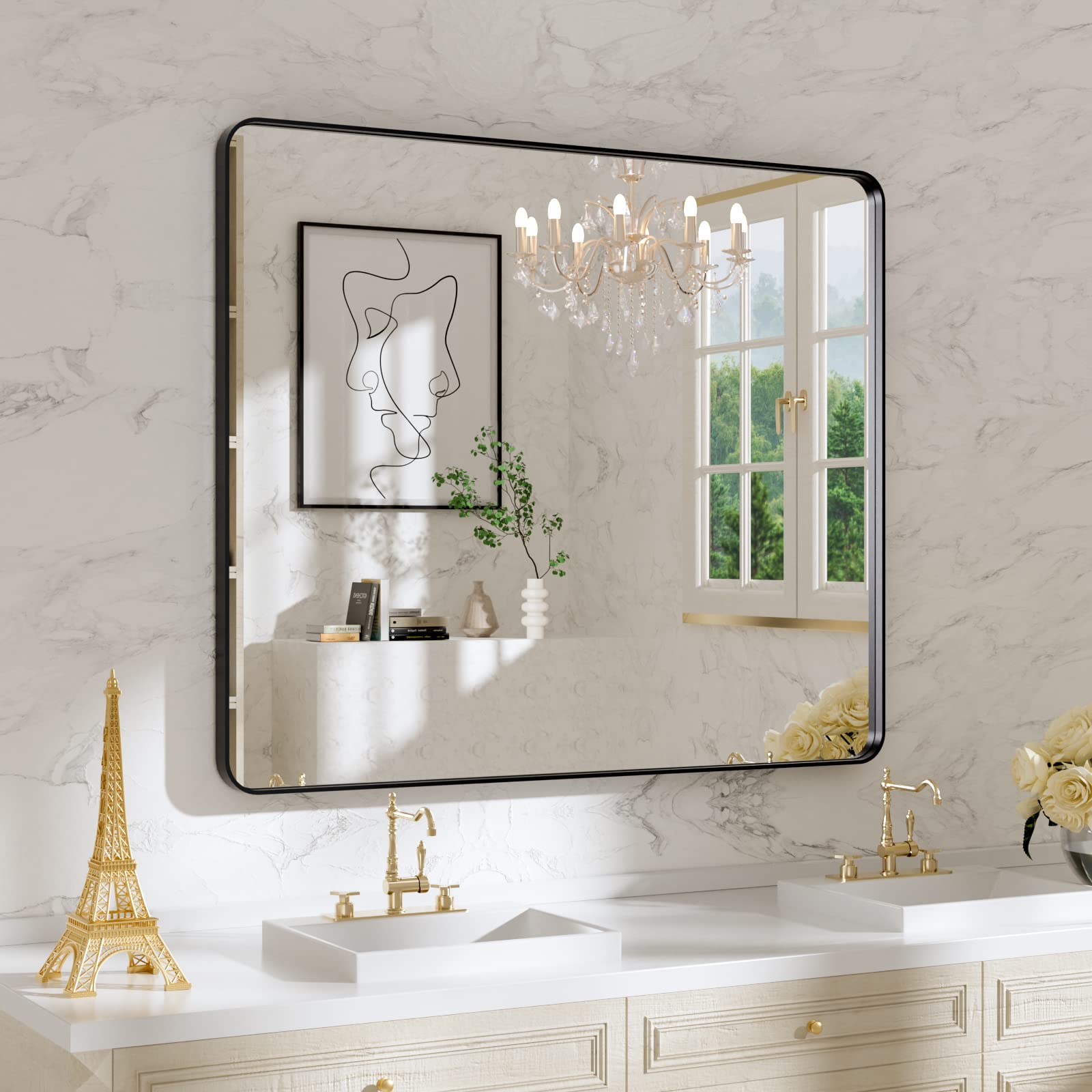 WEER 36X30 Inch Black Metal Framed Bathroom Mirror, Matte Black Bathroom Vanity Mirror, Rectangular Black Wall Mirror for Bathroom, Tempered Glass, Rounded Corner, Hangs Horizontal or Vertical