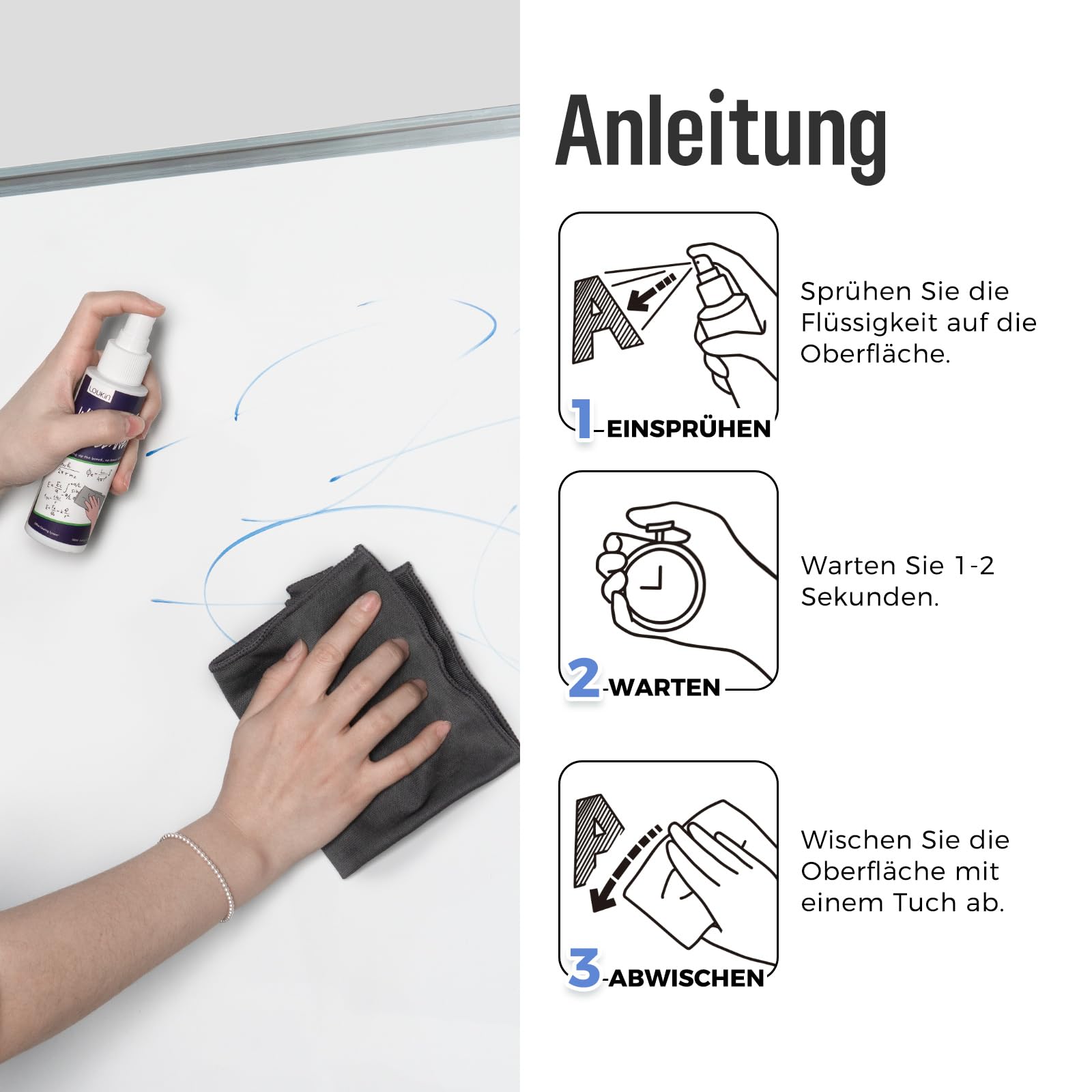 LOUKIN Ungiftiger Whiteboard-Reiniger Dry Erase Cleaner mit Tuch 6 x 250 ml | AP-zertifiziert, REACH-konform, Sanfte Formel, Geruchsarm, Effektive Reinigung, Ideal für Klassenzimmer & Büro