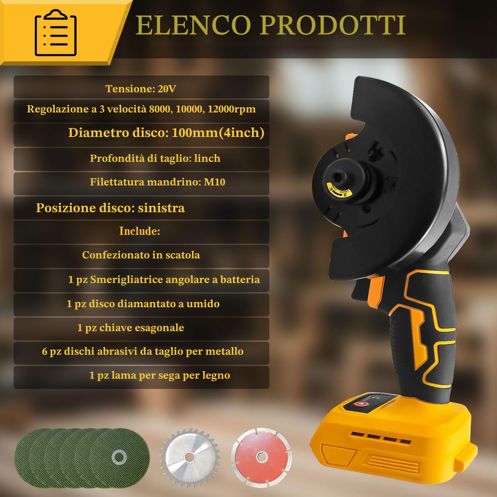 Smerigliatrice angolare a batteria, 12000 giri/min, diametro disco 100 mm, 3 velocità regolabili per levigatura, taglio, lucidatura (compatibile con batteria Dewalt 18 V)