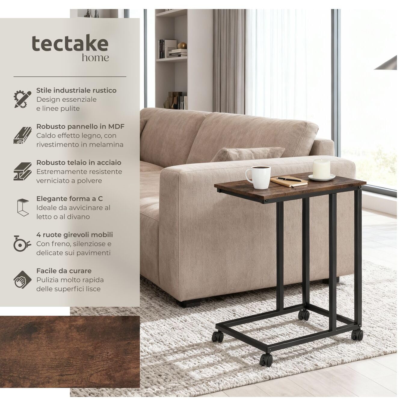 tectake® Tavolino Salotto 48x35x70cm, Tavolino da Divano o Letto, 4 Rotelle, Tavolinetto Divano, Salotto, Camera per Libri, Laptop, Piante, Snack e Bevande, Casa, Ufficio - Legno Industriale Scuro
