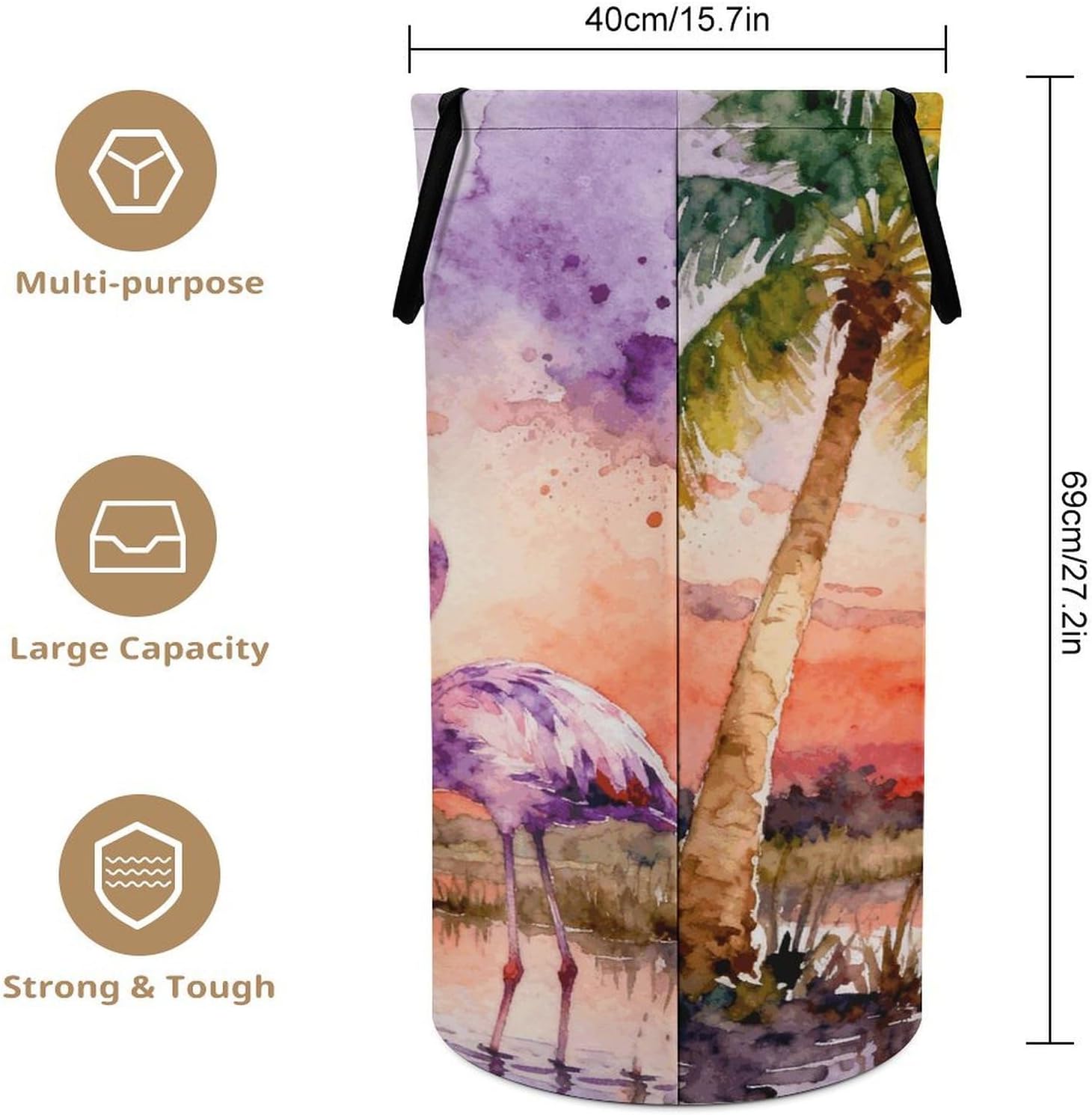 Flamingo Palm Tree Laundry Hamper with Handles Waterproof Collapsible Laundry Basket Large Lightweight Round Dirty Clothes Hamper for Home Dorm Bathroom Decor