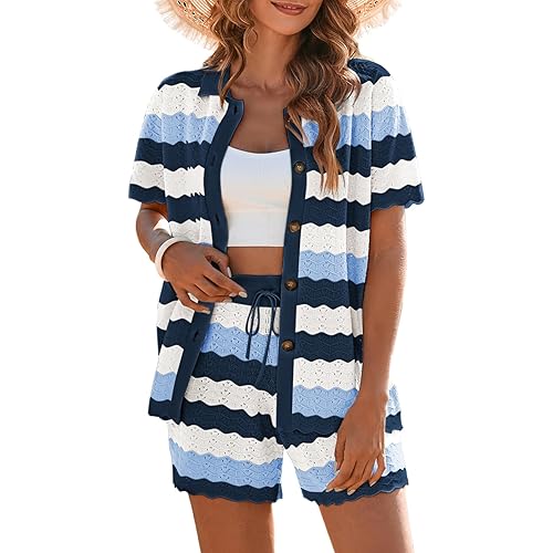 Pink Queen Women Knit Shorts Set 2 Piece Outfits Short Sleeve Button Down Sweater Top and Shorts Lounge Set