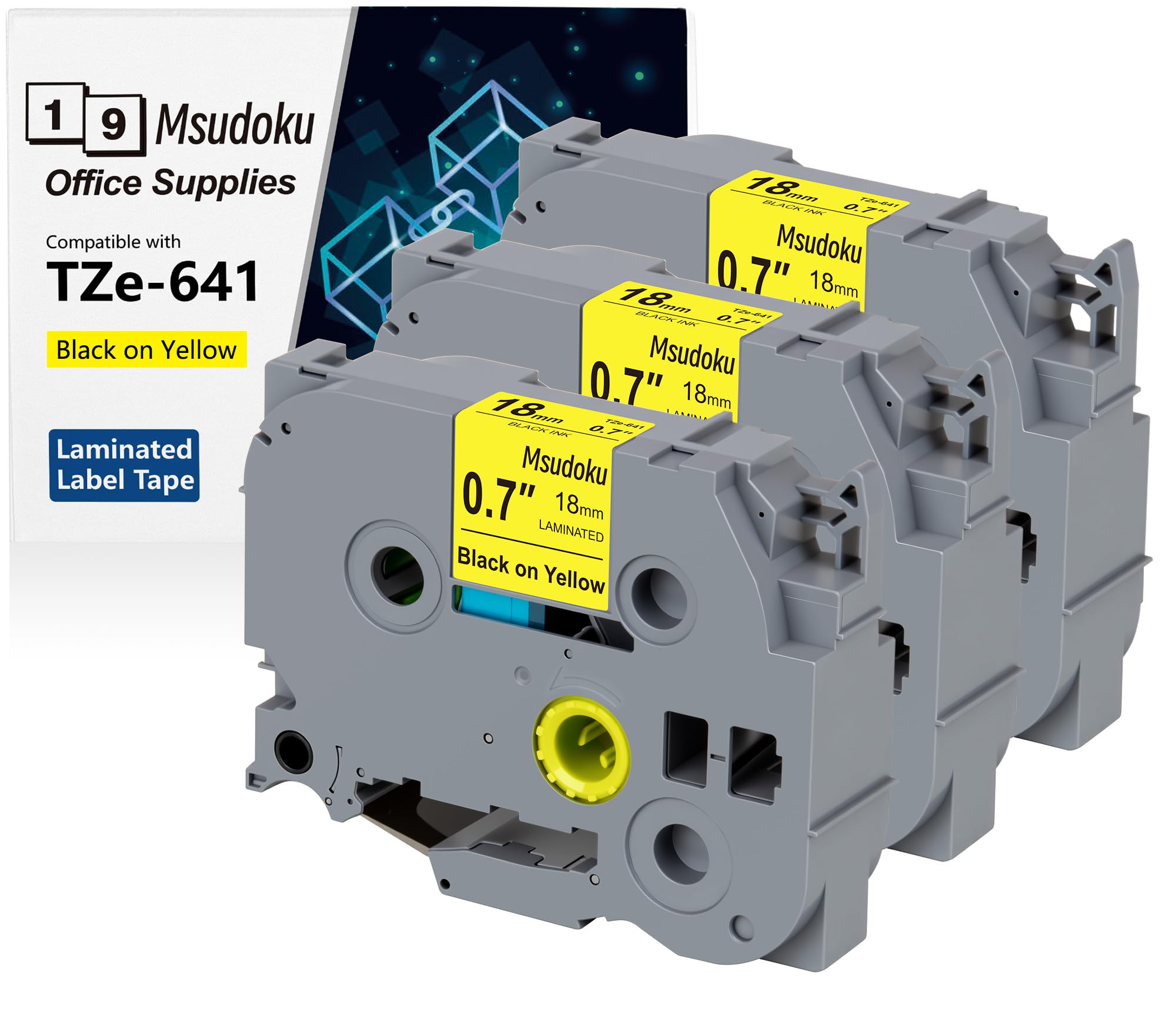 Msudoku Tze Tz Tape 18mm 0.7 Laminated Yellow Compatible for Brother P Touch Label Maker Tape TZe-641 TZe641 Label Tape for PT D400 D600 D610 P710BT,