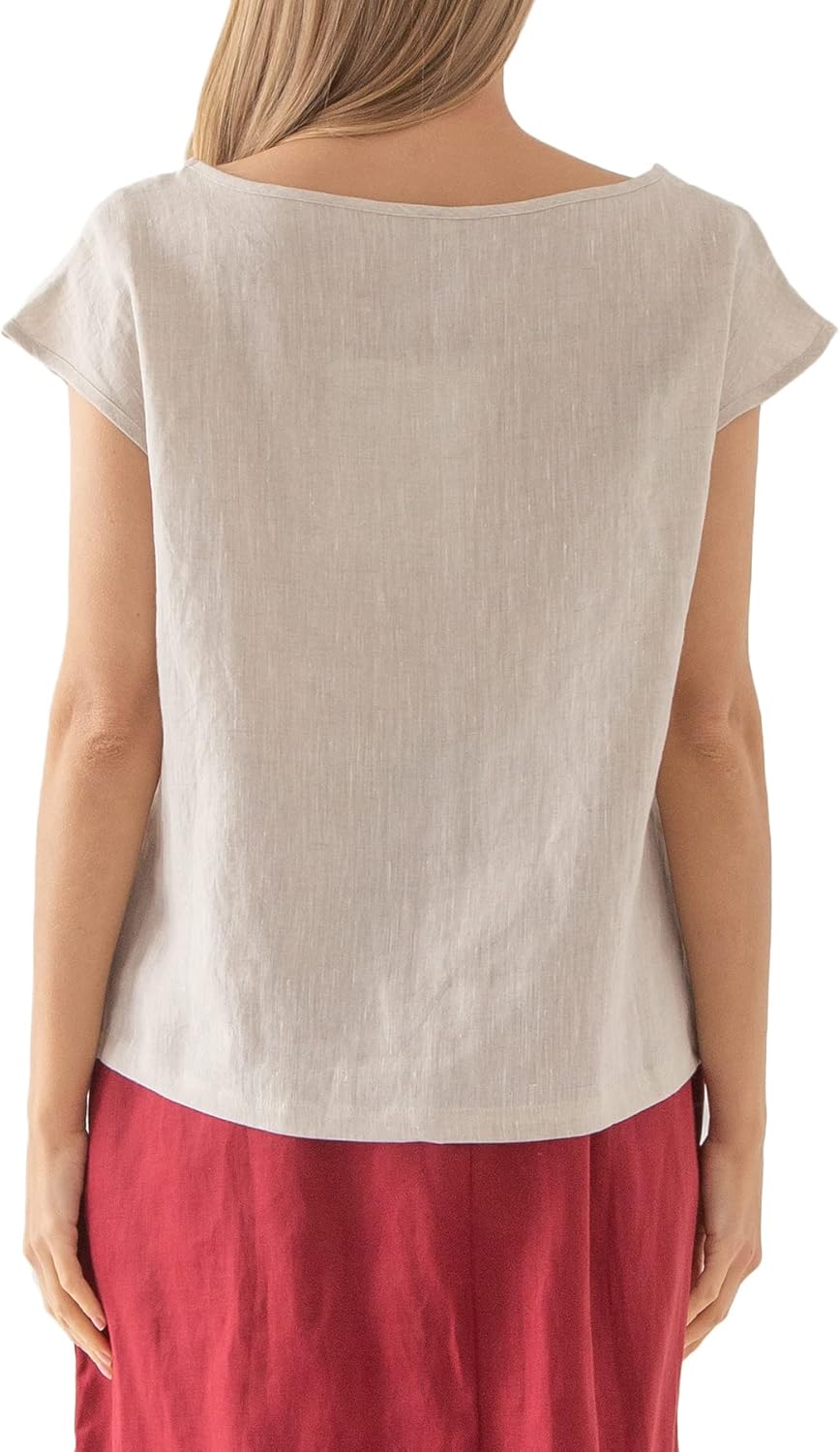 Amazhiyu Womens 100% Linen Casual Cap Sleeve Tops Basic Summer Loose Fit Blouse - Image 2