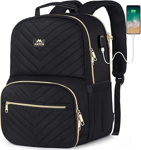 Miniatura 8 de Mochila de almuerzo para mujer, 15.6 pulgadas, resistente al agua, bolsa de libros acolchada con puerto de carga USB para la universidad, escuela,