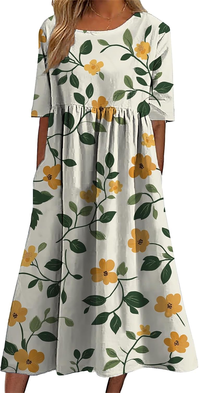 Dress for Maternity Women Vintage Boho Stylish Floral Graphic Short Sleeve Summer Beach Maxi Dress with Pockets