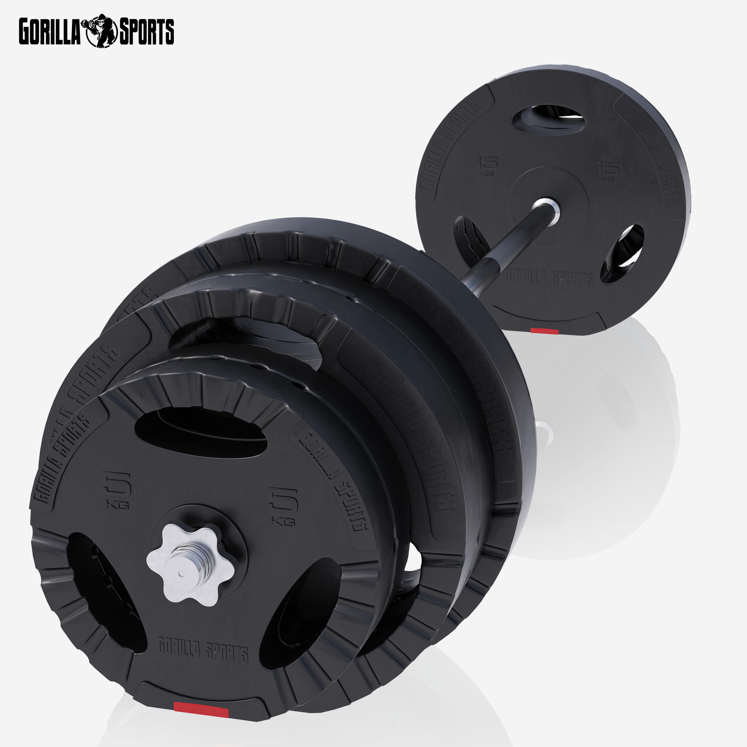 Gorilla Sports® Set Bilanciere e Manubri - 60kg, 100kg o 130kg, Ø 30mm, Barra 170cm, con Chiusure, Antiscivolo, Dischi in Plastica - Pesi Palestra, Piastre di Peso, Allenamento, Sollevamento, Fitness