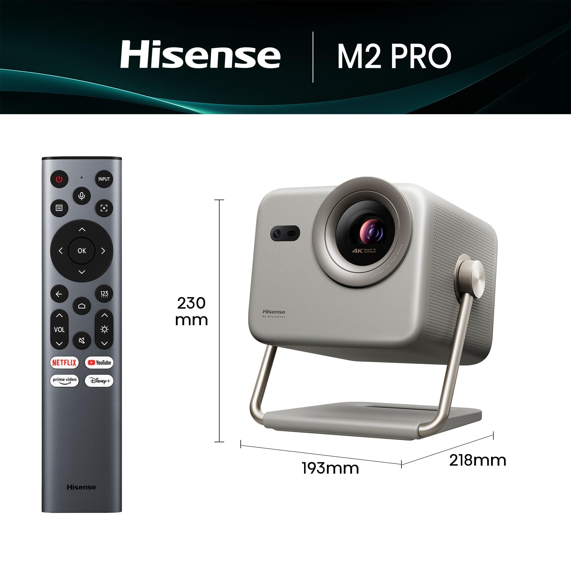 Hisense M2 Pro - Mini Proyector Laser Trichroma UHD 4K Smart TV, de 65" a 200", 1300 Lumen, Dolby Vision, Zoom Óptico, Autoenfoque, Protección Ocular, Auto-Corrección Trapezoidal