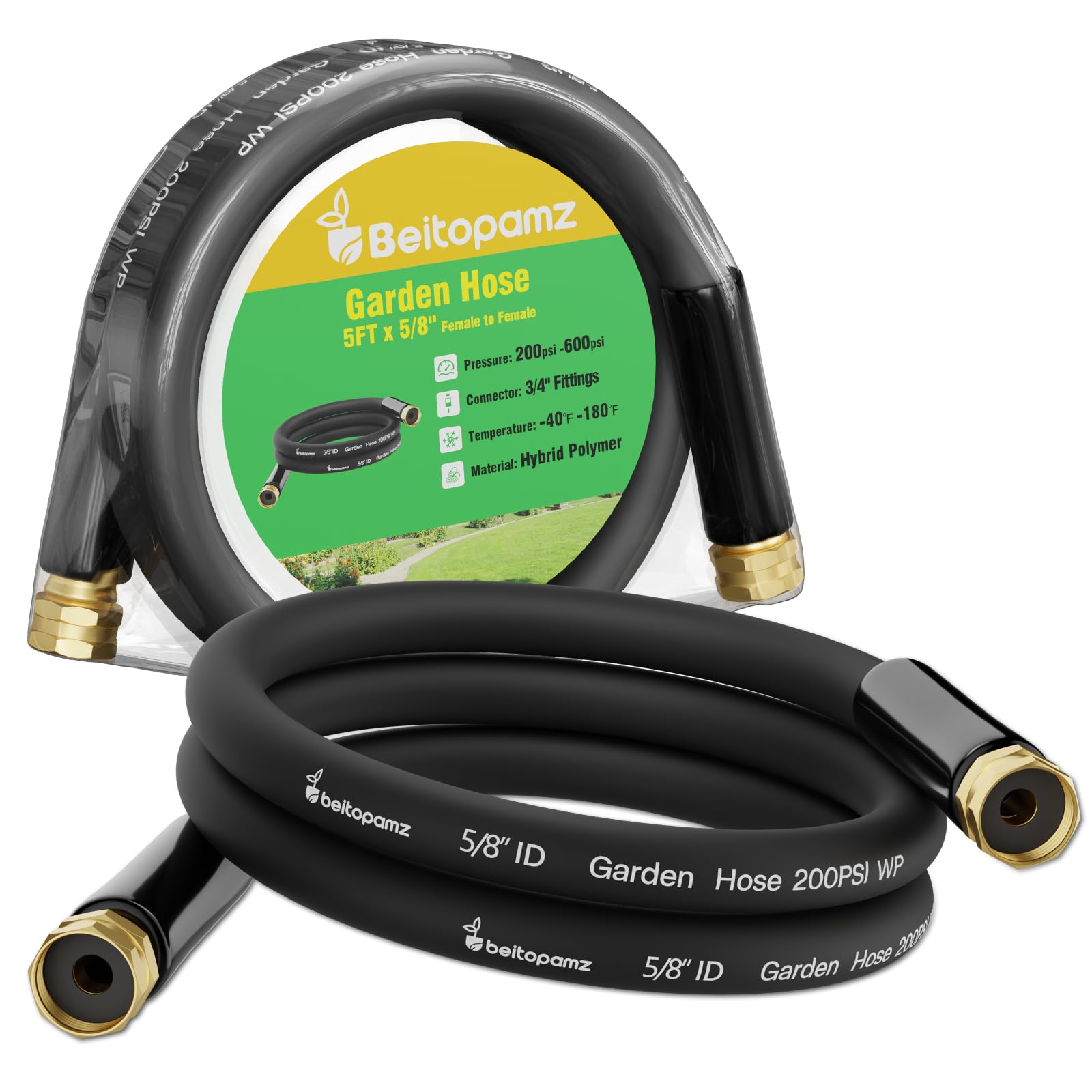 Beitopamz Short Garden Hose 5 ft x 5/8" Female to Female, Heavy Duty Small Water Hose Extender Connector, Leak-Free Connections Hybrid Rubber Leader Hose with 3/4" Double GHT Fittings, Black โ image 1