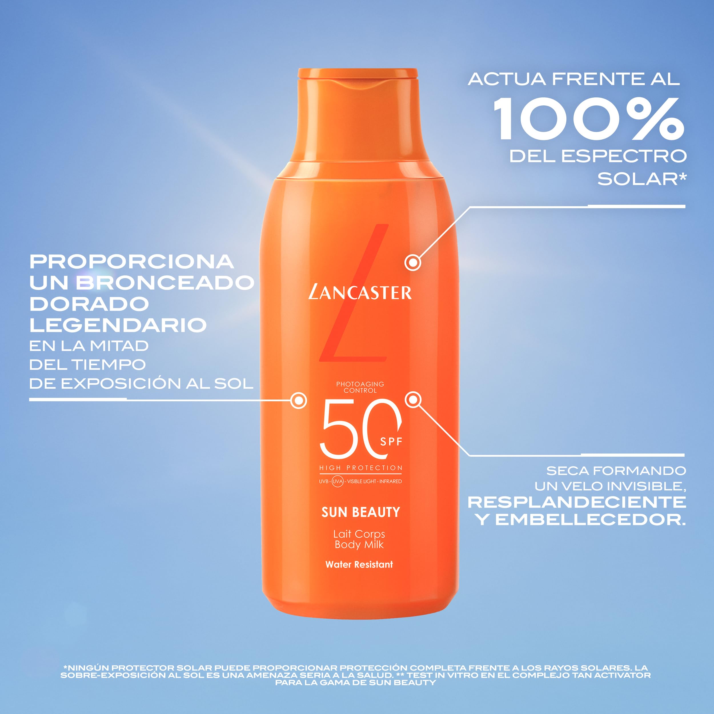 Lancaster Sun Beauty Body Milk Protector solar, Con complejo activador del bronceado, Tecnología Full LightTM para una protección solar de espectro muy amplio