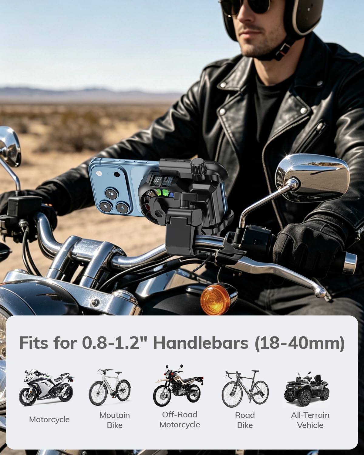 Fahrra - Supporto per cellulare da moto con ventola a semiconduttore, impermeabile IPX7, supporto per manubrio a 360° per biciclette, scooter e ATV, adatto per smartphone da 5,4" a 7,2"