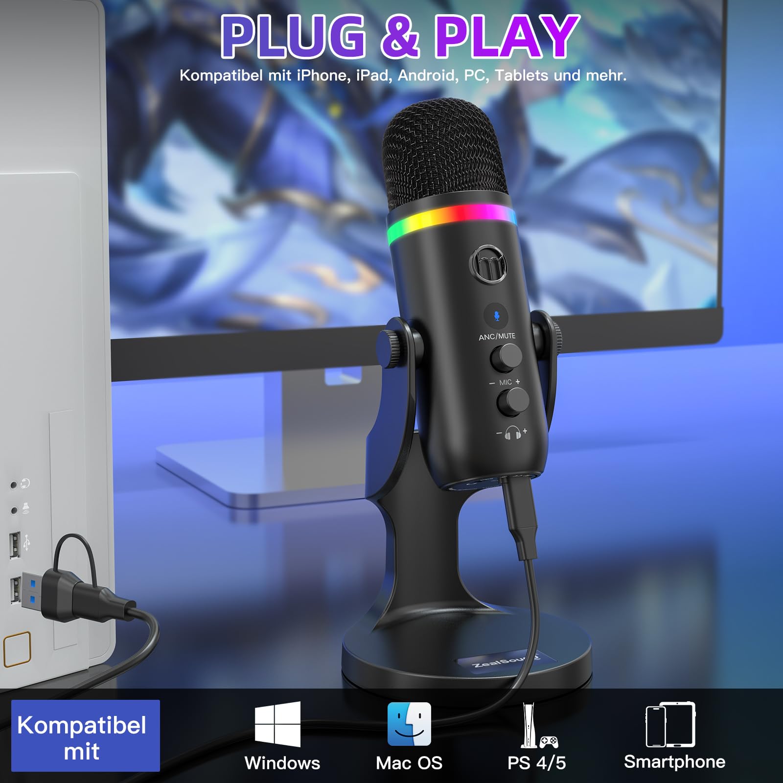 zealsound USB Mikrofon, RGB Gaming Mikrofon für PC, Handy & iPhone, mit Rauschunterdrückung, Stumm & Echo, Kondensator-Tischmikrofon für Podcast, Streaming, Twitch, YouTube, Discord auf Windows & Mac