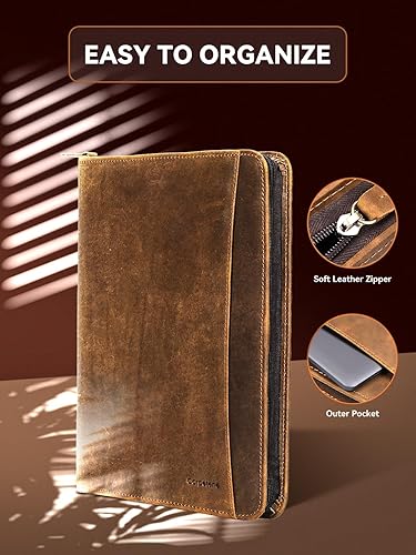 Miniatura 4 de Carpetene Portfolio Binder, Leather Portfolio Organizer with Zipper, Stylish Brown Leather Padfolio for Men Women, for Business, Legal Pad Holder,