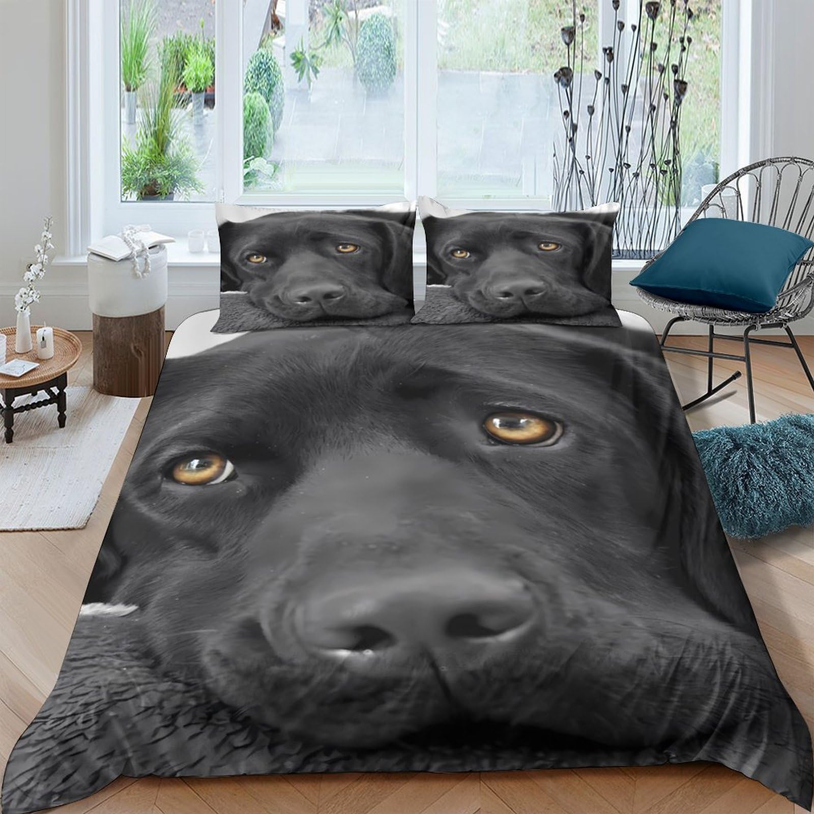 GPLZQXKJNH 3D Printed Black Labrador Dog Duvet Cover Microfiber Soft Breathable Golden Eyes Bedding Set with 2 Pillowcases for Bedroom Decor Single（135x200cm）