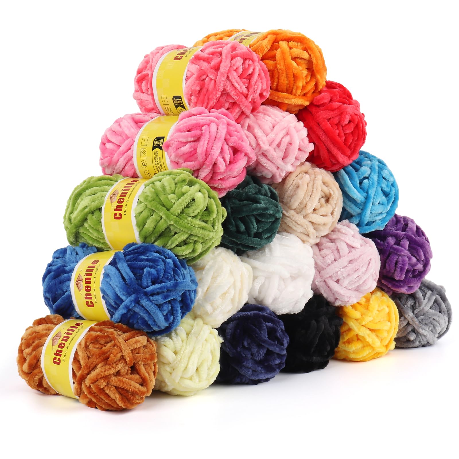 Reessy Chenille Yarn 20x25g, Super Soft 5mm Chunky Yarn for Crochet and Knitting, Fluffy Velvet Chenille Wool for Crochet Amigurumi, Scarves, Baby Blanket, Bag, DIY Crafts