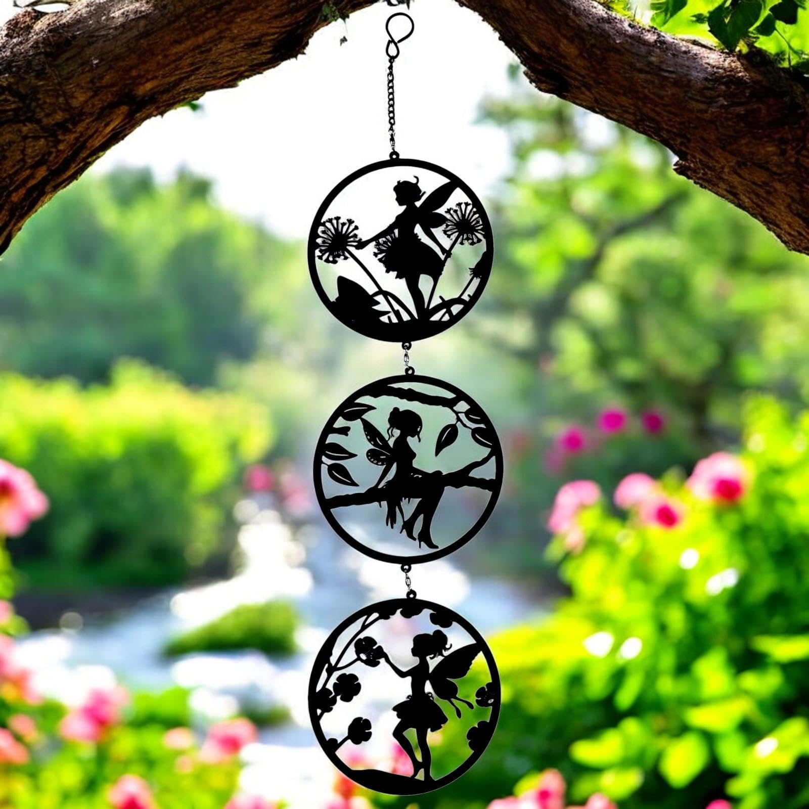 Epsom Door Handle Black Fairy Silhouette Hanging Trio Spinner 60cm X 15cm 3-Tier Kinetic Wind Spinner for Garden Home Outdoor Metal Hanging Fairy Ornament