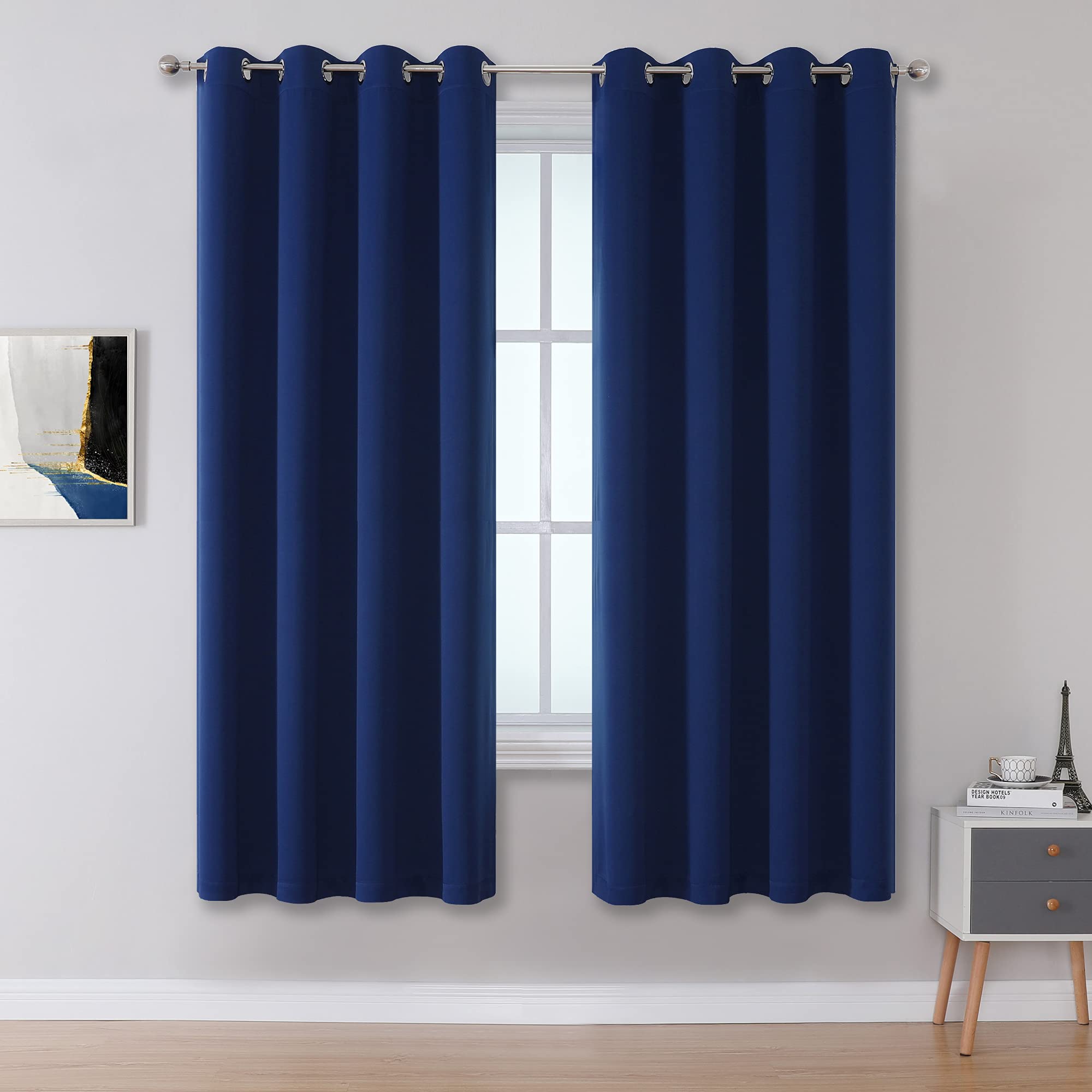 DUALIFE Navy Blue Blackout Curtains 63 Inch Length for Bedroom Thermal Insulated Blue Solid Window Drapes with Grommet Curtains Panels for Living Room