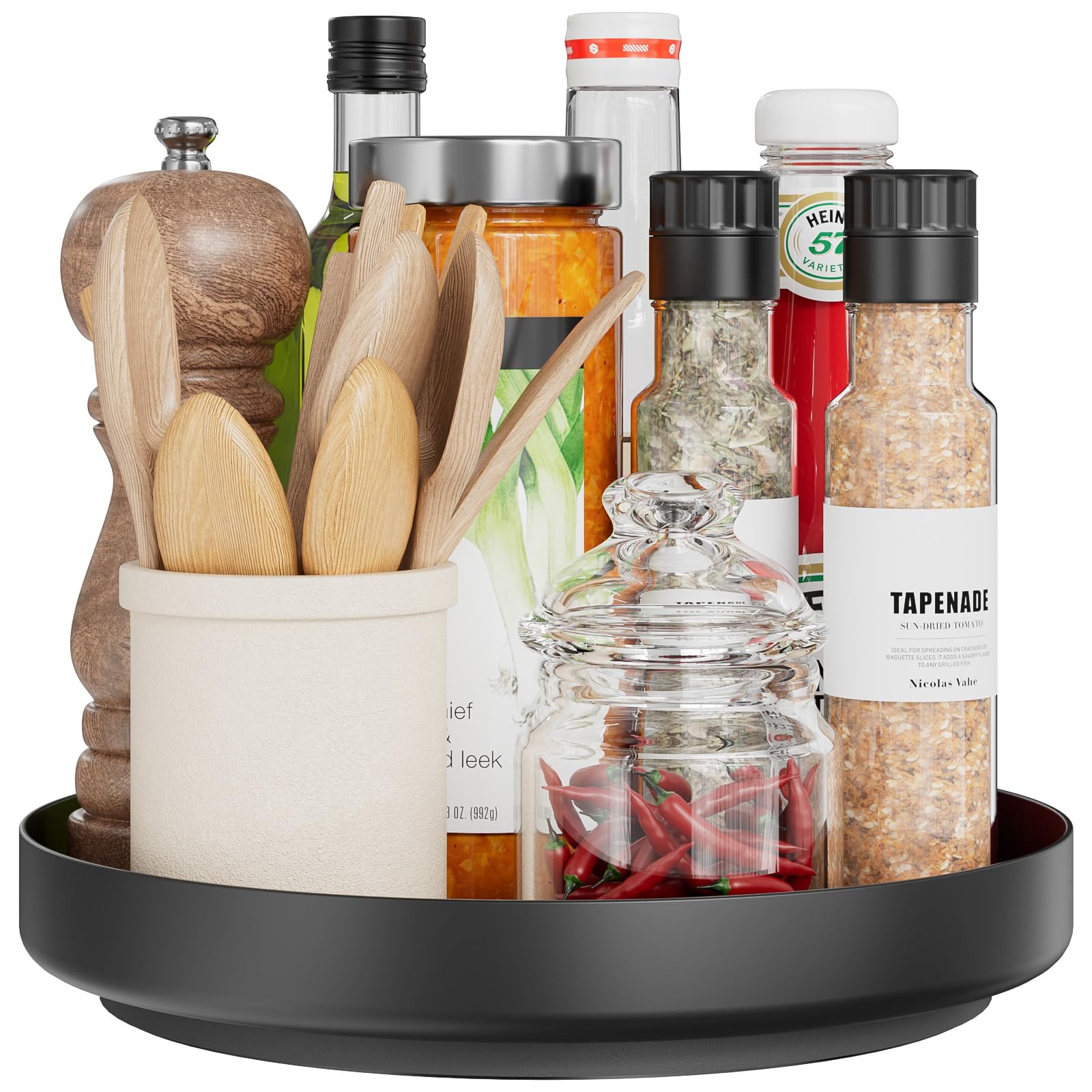 Organizador giratorio para especias, Lazy Susan – Bandeja giratoria de metal 360°, organizador de 28 cm para despensa de cocina, mueble de baño, frigorífico, mesa, negro