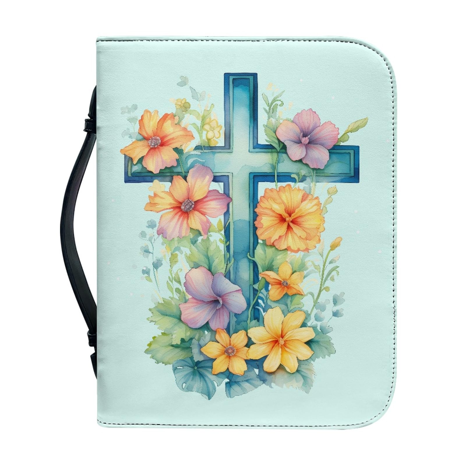 Personalizzata Custodia Bibbia in Pelle con Cerniera Grande Borsa Biblica Donna Uomo Fiore Crocifisso Azzurro L