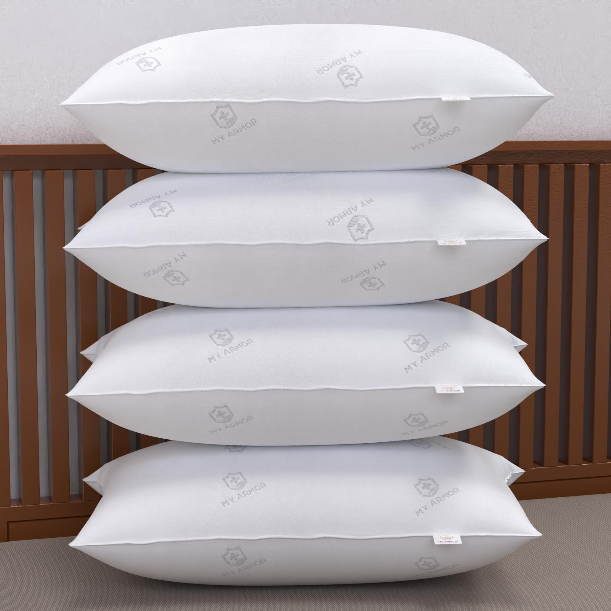 MY ARMOR Microfiber Bed Pillows Set of 4 for Sleeping with Removable Zipper Cover, 26x17 Inches, White