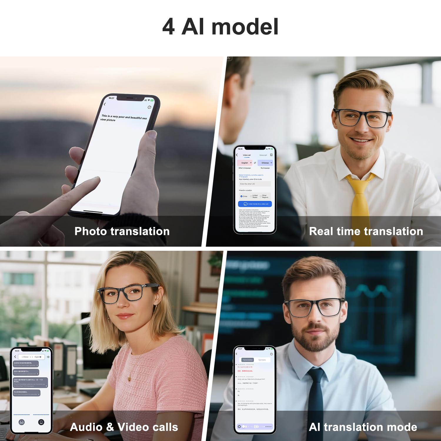 Bluetooth AI Smart Brille mit 160+ Sprachen, Farbwechsel-Linsen, Integriertem Lautsprecher & Klarer Audio - Echtzeit-Sprachübersetzer Brillen
