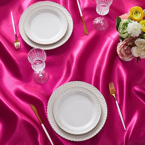 Miniatura 7 de P Pothuiny Paquete de 2 manteles rectangulares de satén color rosa intenso de 60 x 84 pulgadas, manteles de satén superpuestos de tela suave
