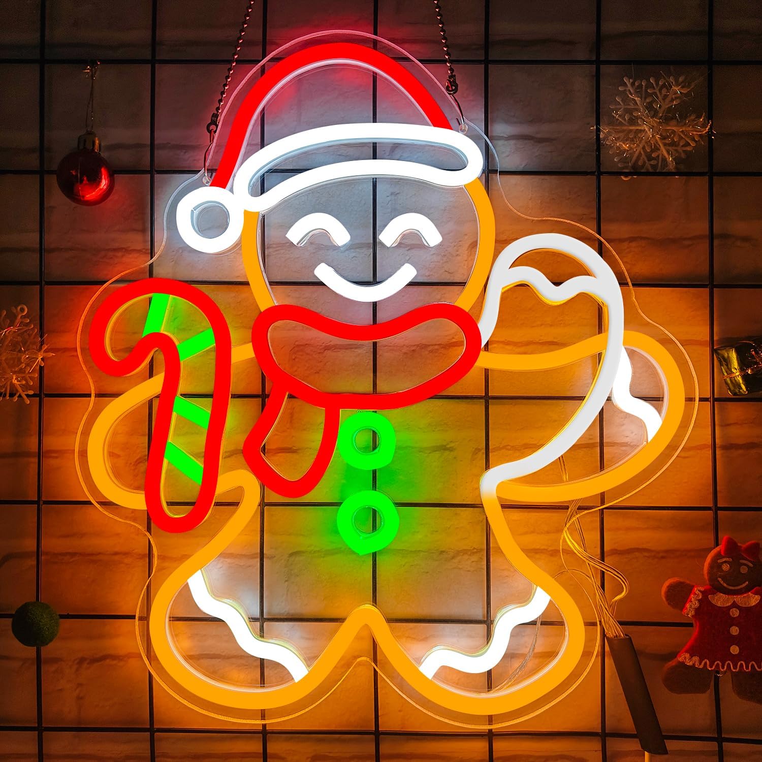 Christmas Neon Sign Waving Gingerbread Man Neon Sign for Wall Decor Led Gingerbread Christmas Decorations with Candy Cane Looks Like Waving Xmas Neon Light Up Signs for Window Bedroom Home Party - Image 2