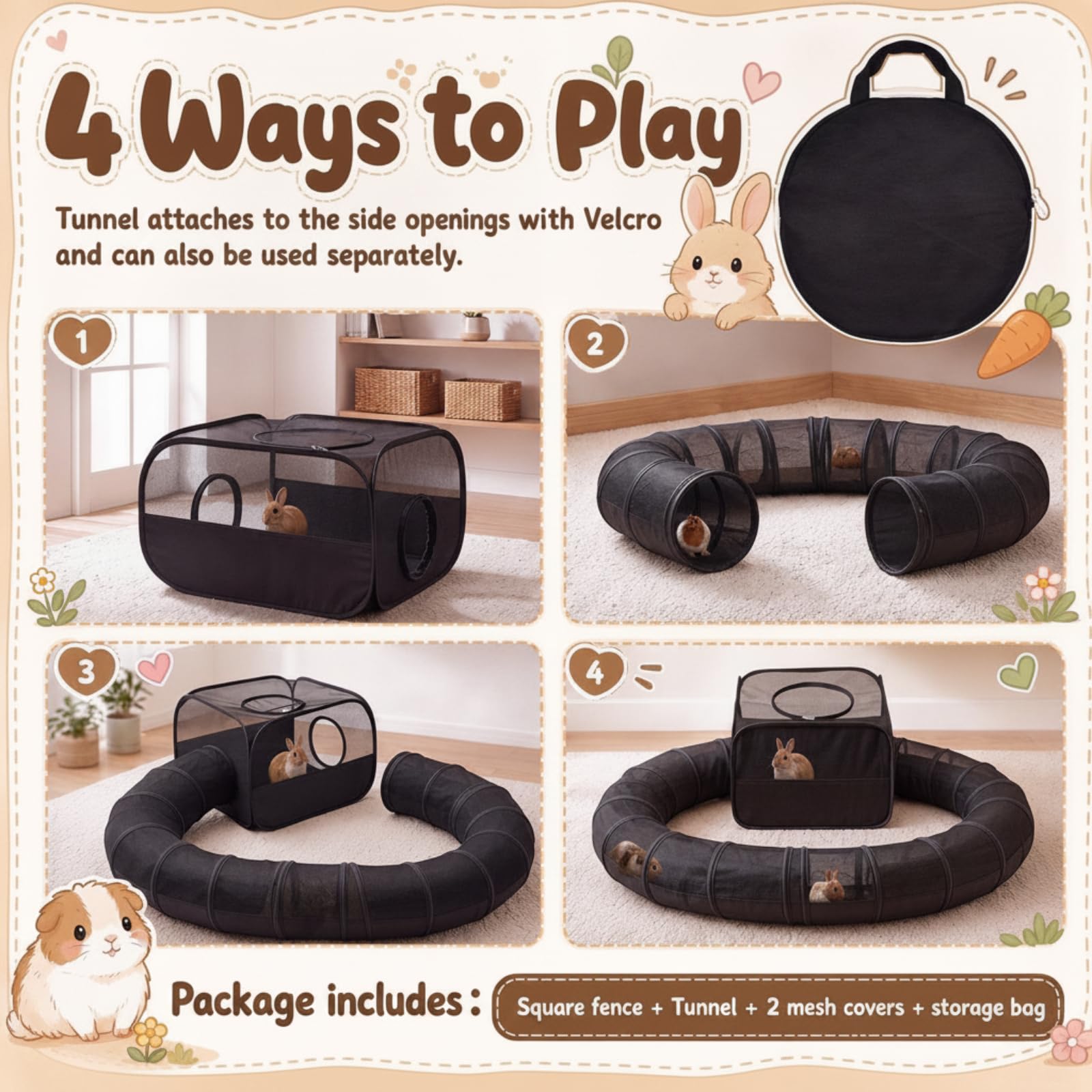 Lewtemi Meerschweinchen-Laufstall mit Tunnel, 60 x 70 x 41 cm, atmungsaktives Netz, Kaninchenlaufstall für Kaninchen, Hamster, Frettchen, Chinchilla, faltbares Kleintiergehege für drinnen und draußen