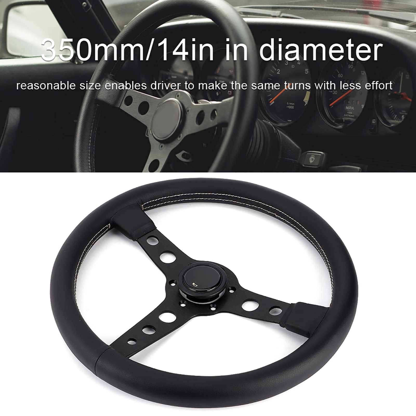 Ejoyous Universal Racing Kierownica, 6-hole Wyścigowe Kierownicy 350 Mm/14 Cali dla Prototipo Style Black Skórzanie z Szarami i Klaksonem