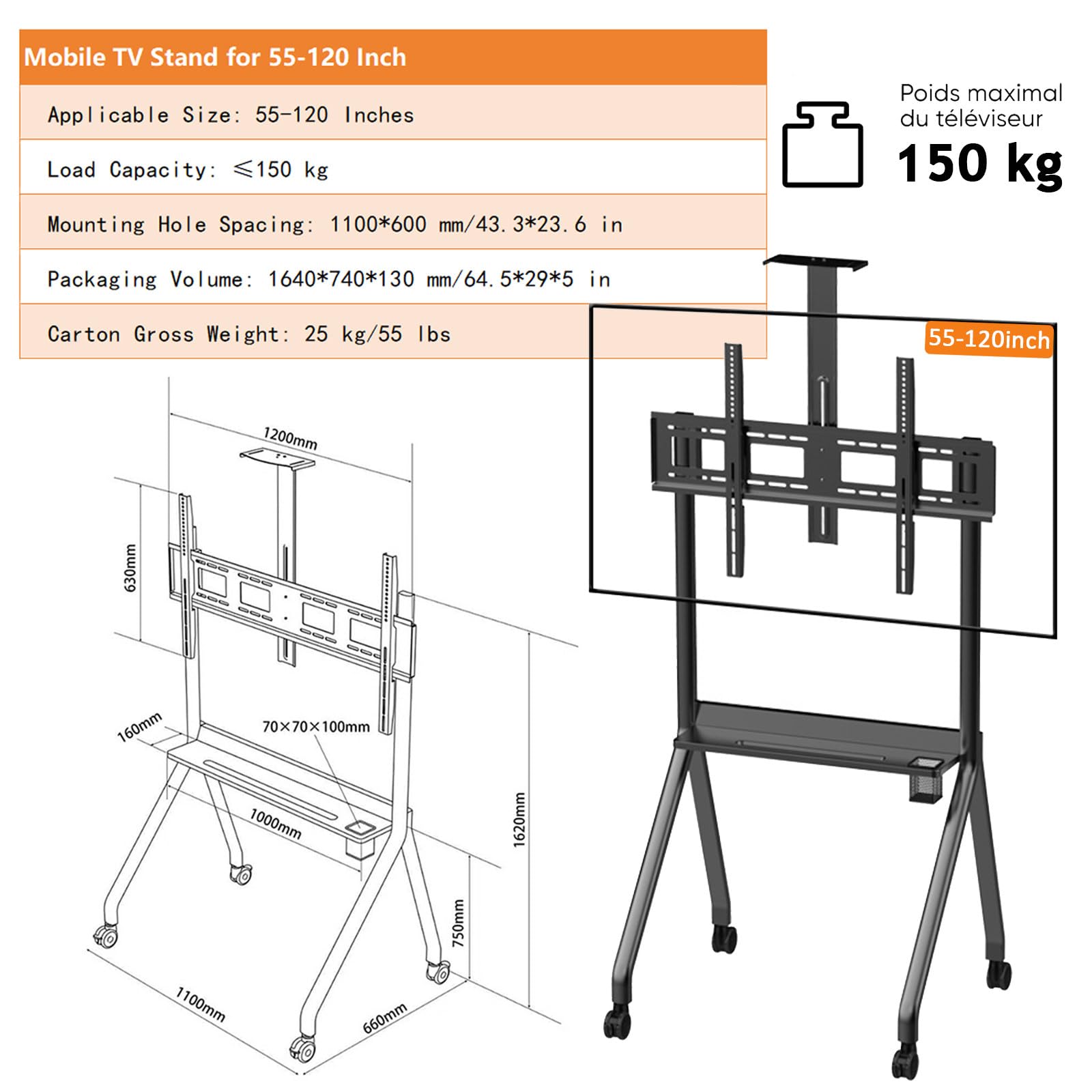 Soporte móvil para TV con ruedas, carrito rodante con altura ajustable, soporte de TV para televisores LED/LCD/OLED de 42 a 120 pulgadas, soporta hasta 150 kg, perfecto para el hogar u oficina
