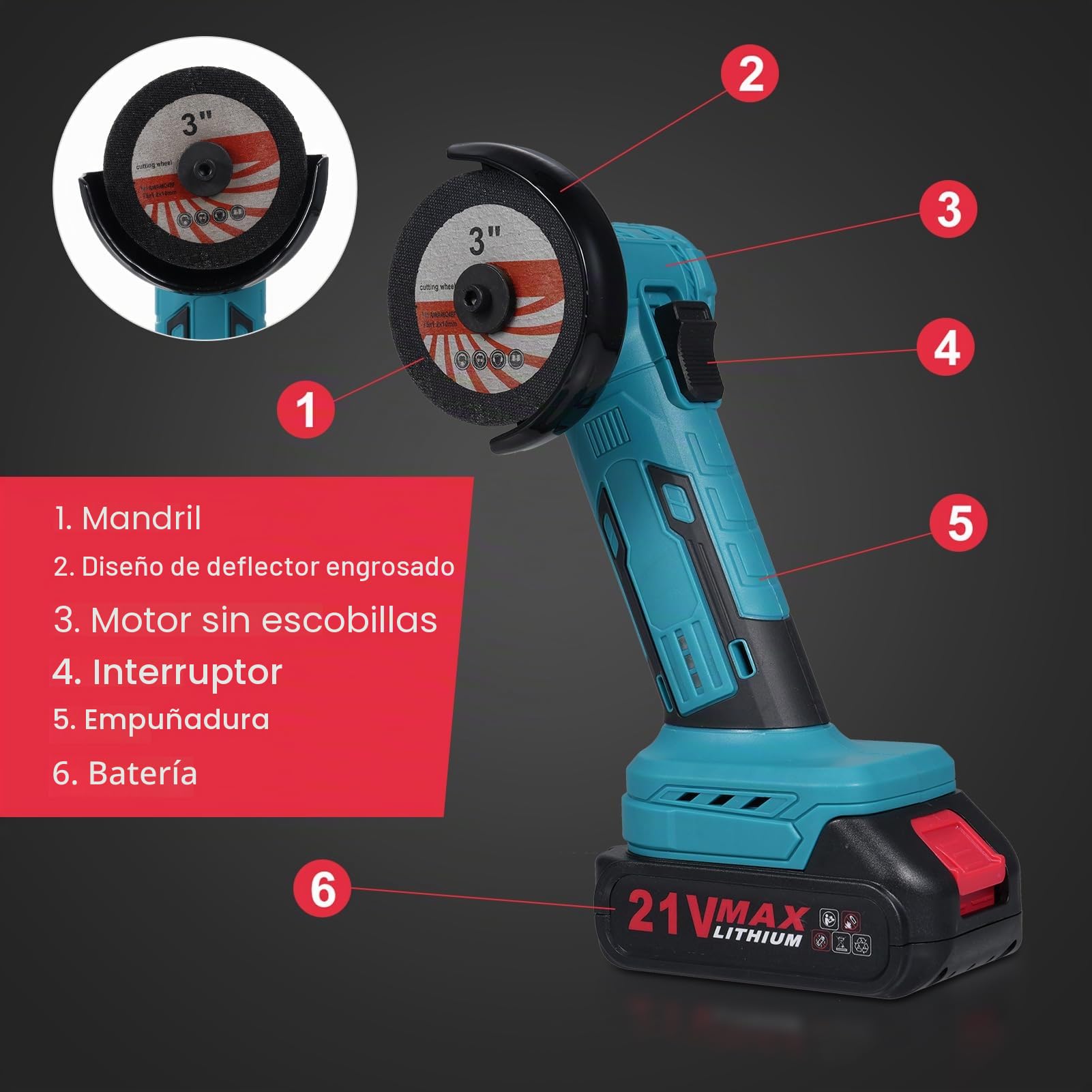 Set de amoladora angular con batería de 21 V con motor eléctrico sin escobillas de 19.000 r.p.m., potentes herramientas de amoladora angular con 2 x cargador de batería de 1300 mAh para cortar, lijar