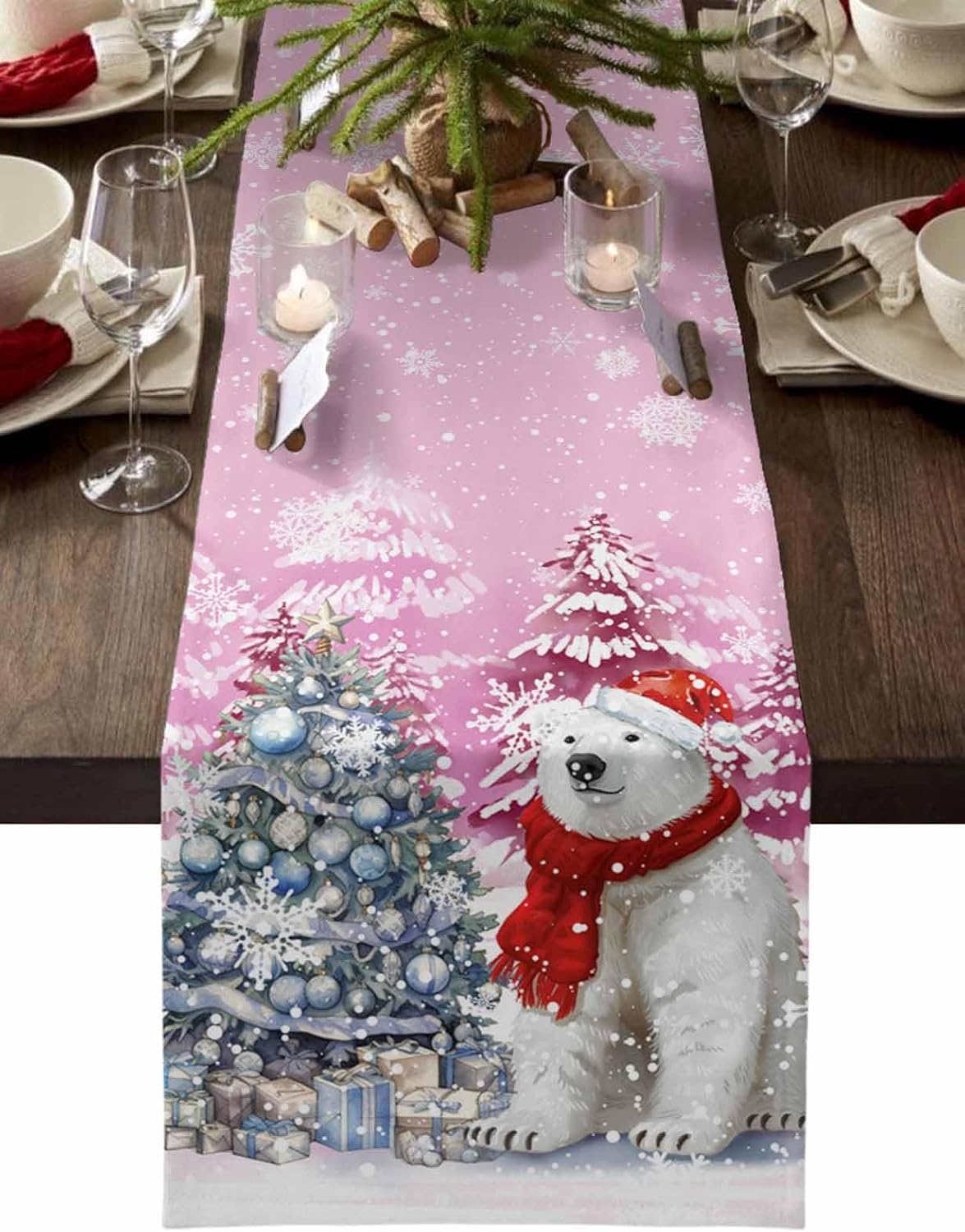 Christmas Polar Bear Snow Tree on Pink Table Runners 120 Inches Long Linen Burlap Table Runner, Winter Snowflakes Seamless Table Cover Dresser Scarf for Kitchen Dining Holiday Party Wedding Gathering