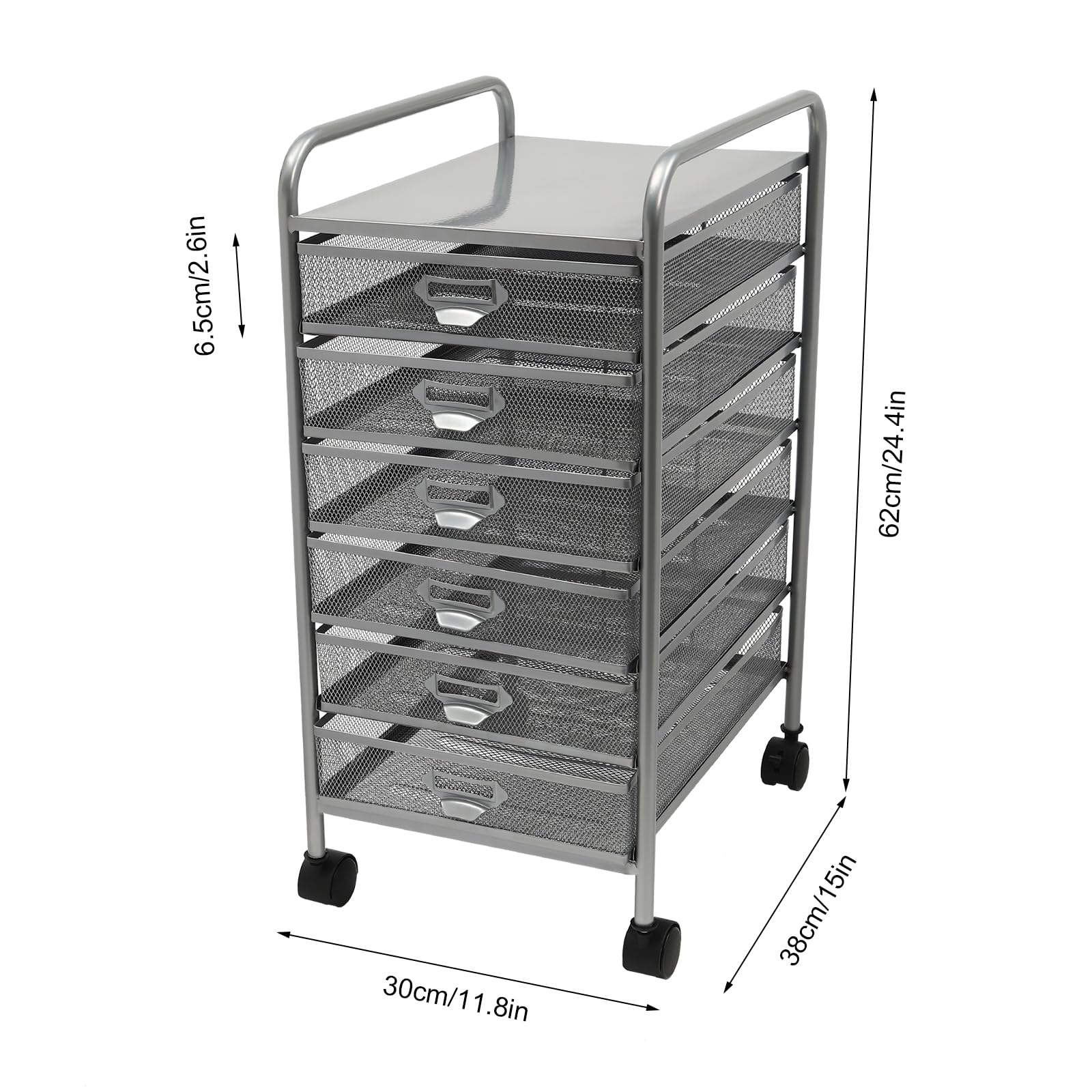 Archivador rodante con 5 o 6 cajones, Organizador de Manualidades con Ruedas, Almacenamiento Delgado para Maquillaje y Utensilios de Cocina (Plateado, 6 Niveles)