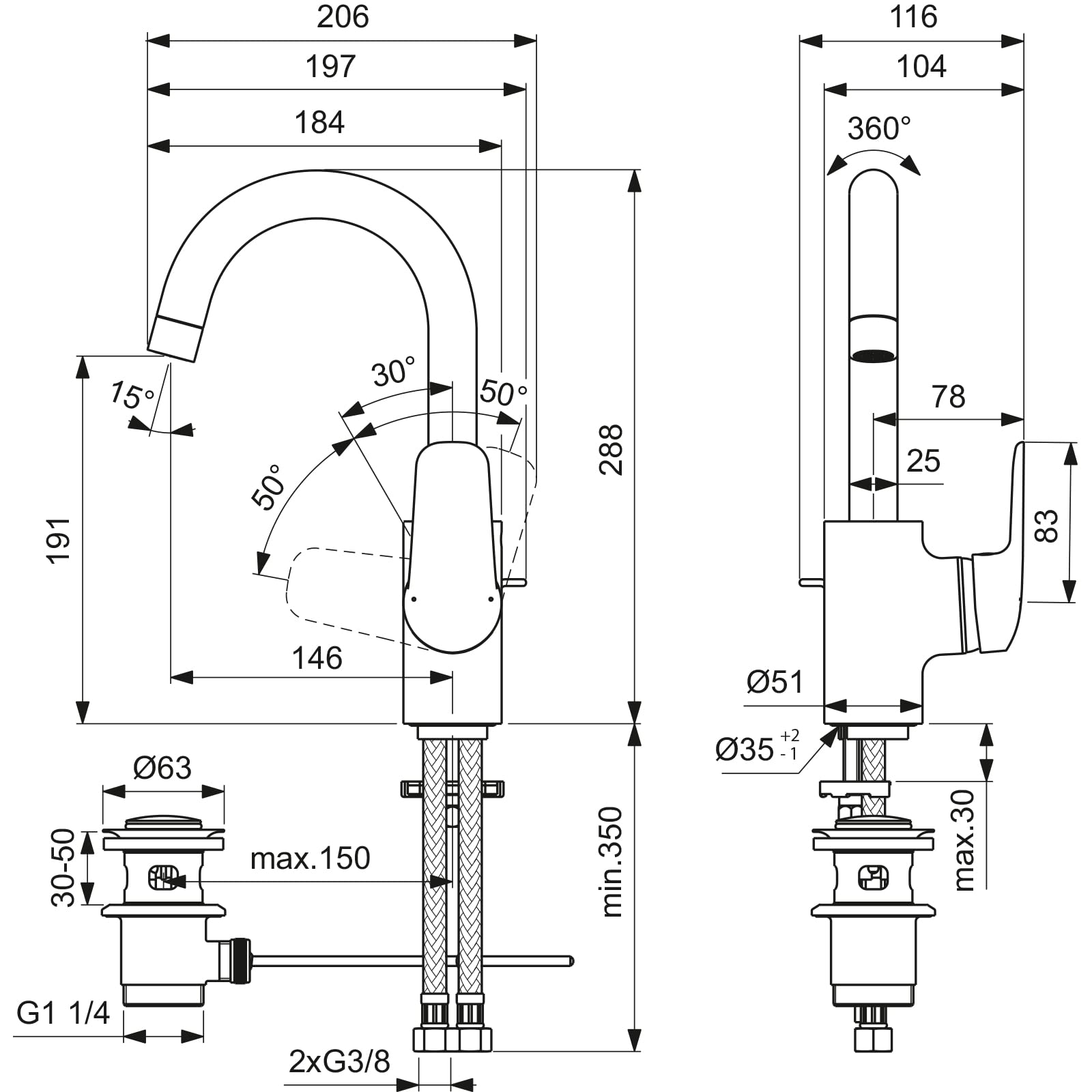 Ideal Standard Ceraflex Rubinetto per lavabo, altezza bocca 191 mm, rubinetto per bagno a risparmio idrico, con piletta di scarico, montaggio rapido – Cromato (116x206x288 mm)