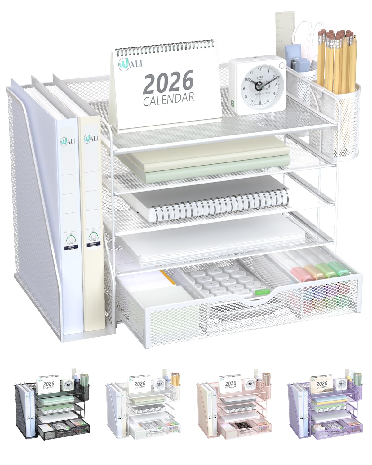 WALI Desk File Organizer, 5 Tier Desktop Paper Letter Tray Organizer with Drawer and 2 Pen Holders, Office Desk Accessories &amp; Workspace Organizers for Office, Home Supplies(DO006DH-W), 1 Pack, White