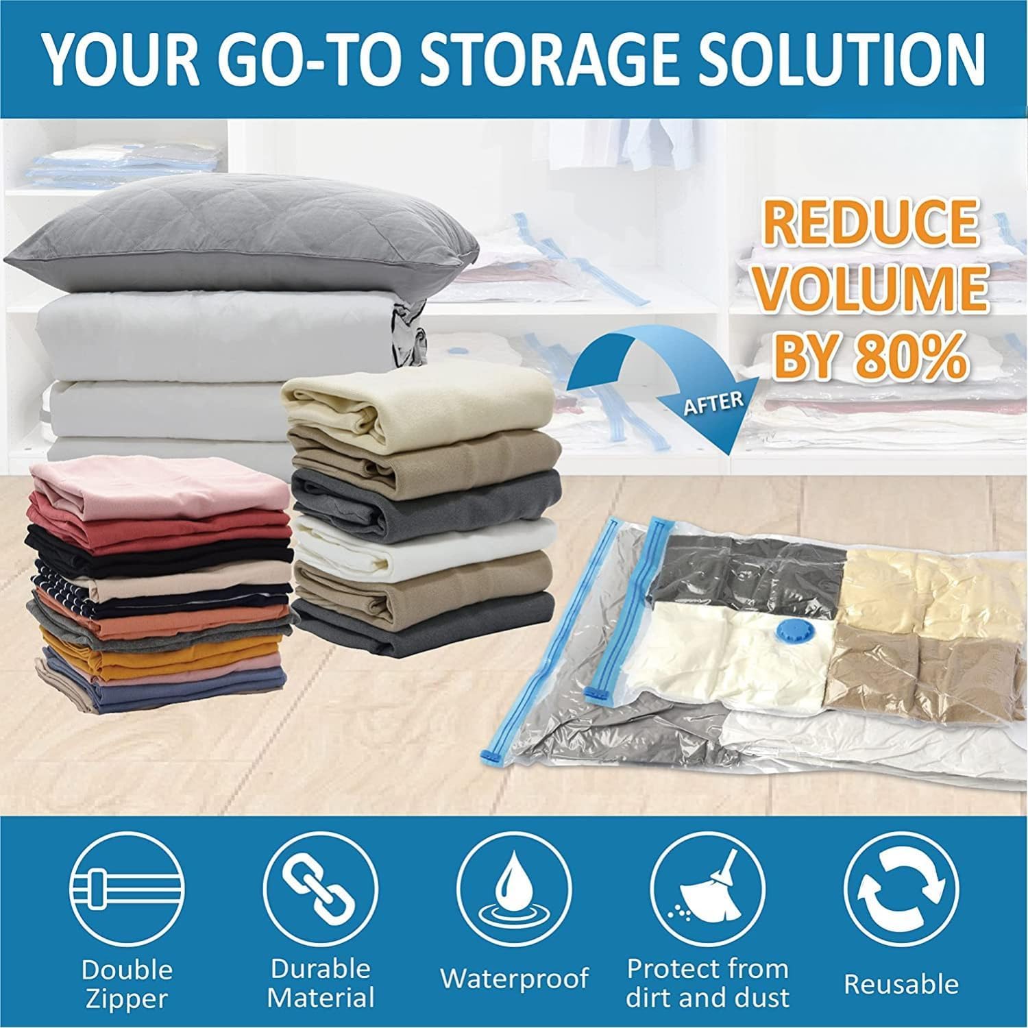 5 Pack Smart Saver Vacuum Bags for Travel, Space Saver Bags (1 Large/2 Medium/2 Small) Compression Storage Bags for Clothes, Comforters, Blankets Storage Vacuum Sealer Bags for Clothes Storage,