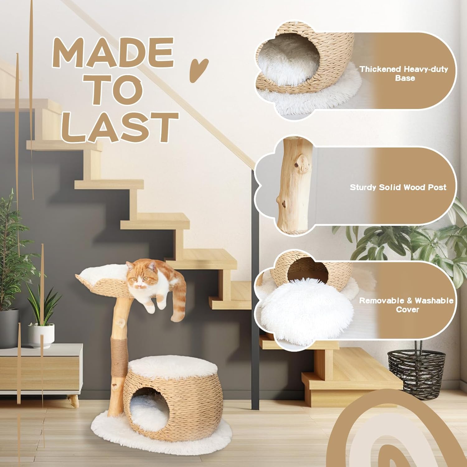 review Modern Cat Tree Natural Wooden Cat Condo for Indoor Cats with a Perch, 27.5”Cat Tower Climbing Furniture, Soft Plush Cat Scratching Tree for Kittens Small Cats, Gift for Cat Lover