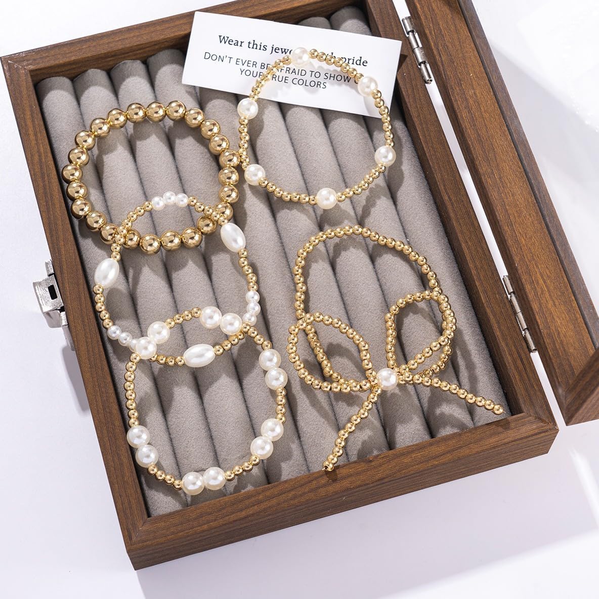 5 Pcs Gold Bow Bracelets for Women, Stretch Gold&White Beaded Pearl Bracelet Set Stackable Bead Ball Bracelet Accessories Gifts for Women Trendy Jewelry - Image 8